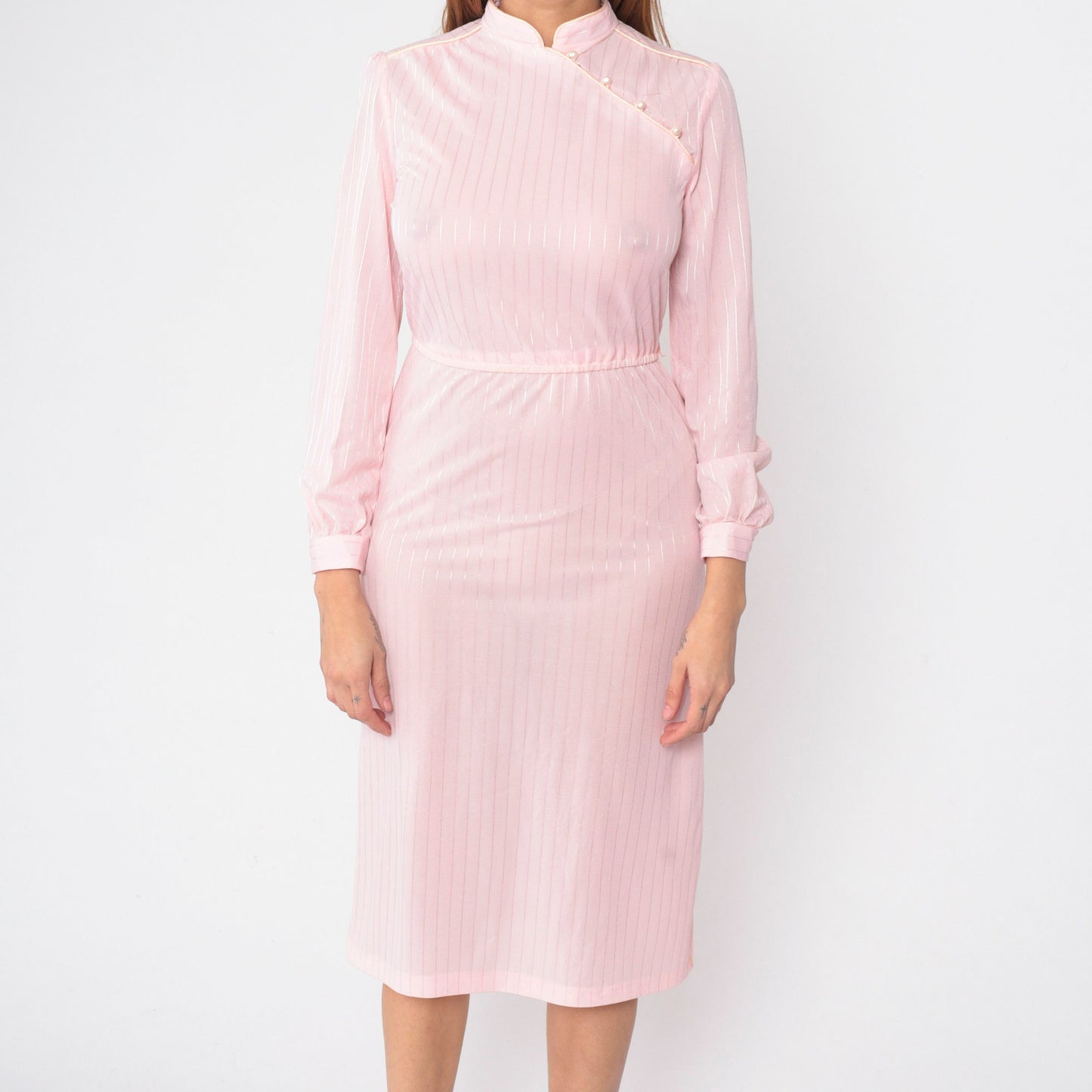 70s Mandarin Collar Midi Dress Baby Pink Striped Long Sleeve High Waist Extra Small