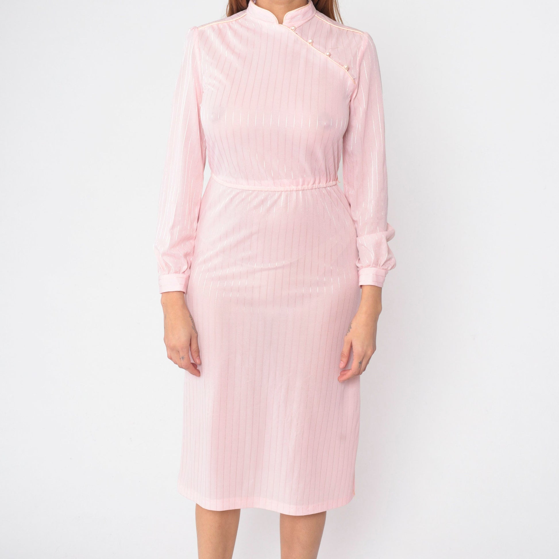 70s Mandarin Collar Midi Dress Baby Pink Striped Long Sleeve High Waist Extra Small
