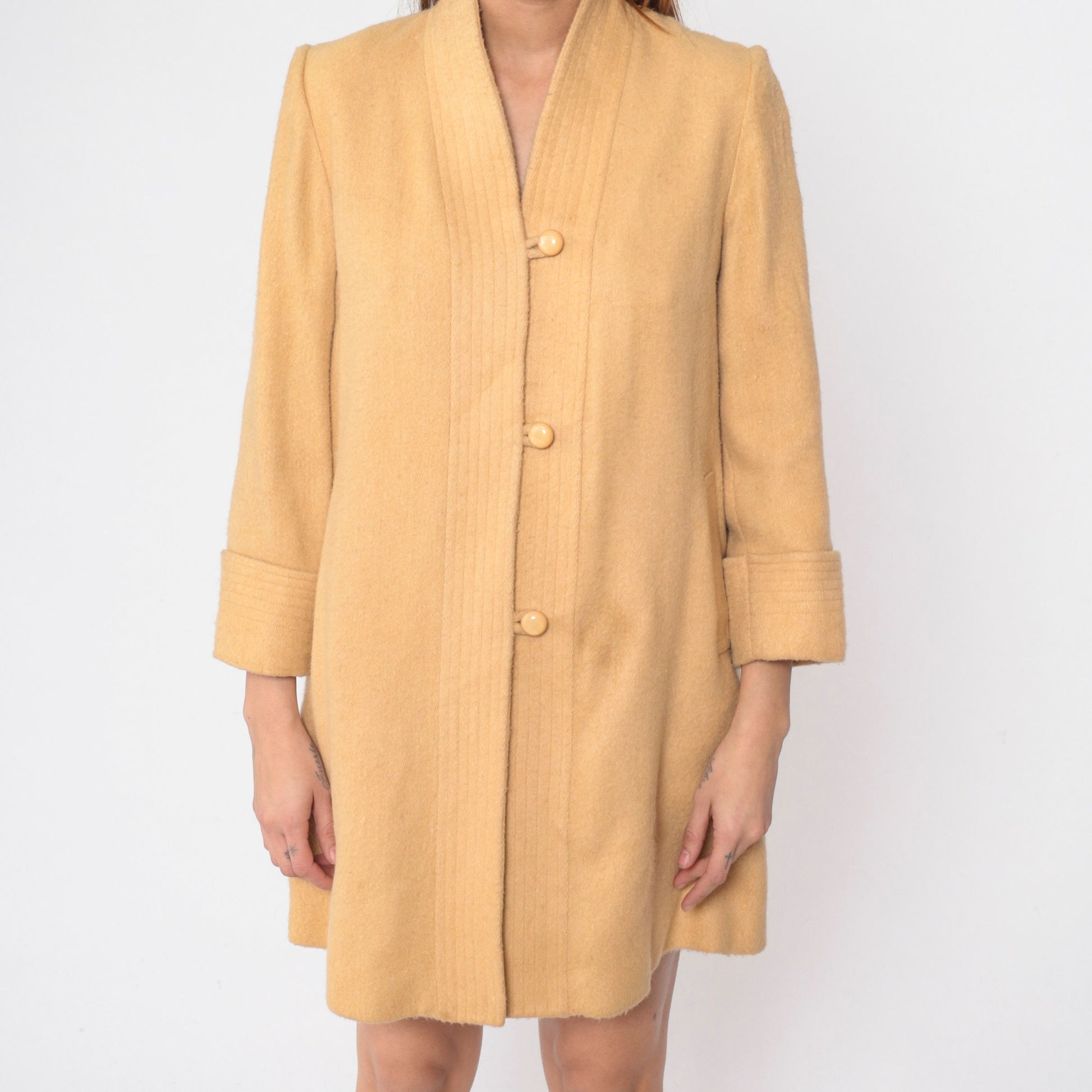 80s Mustard Wool Blend Jacket V-Neck Loop Button Set-In Sleeve Small