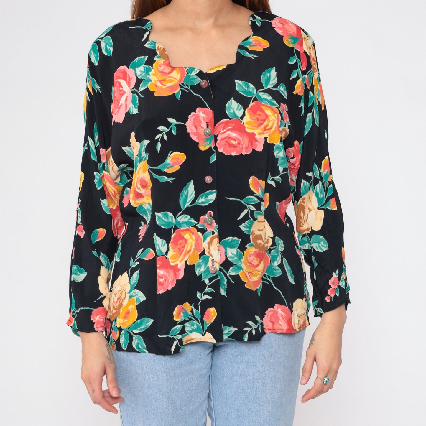 90s Carole Little Black Floral Button-Up Blouse Scalloped Neckline Medium