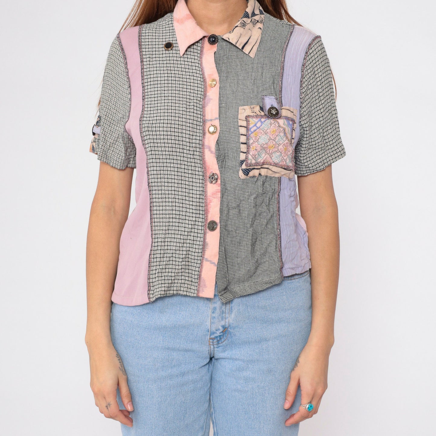 90s Mixed Print Button-Up Blouse Beaded Floral Embroidered Patchwork Small S