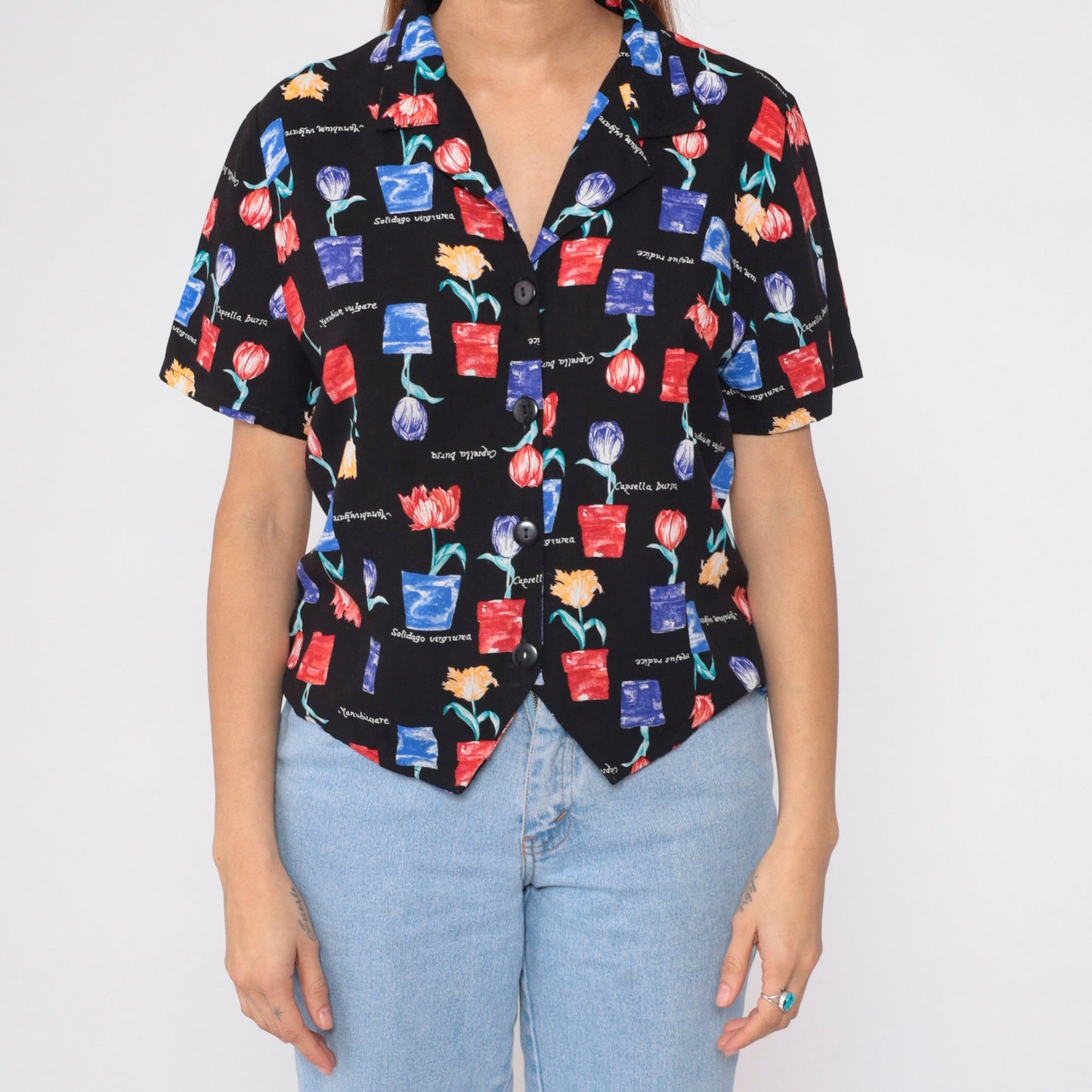 90s Floral Botanical Button-Up Blouse Flowerpot Tulip Print Shirt Large L