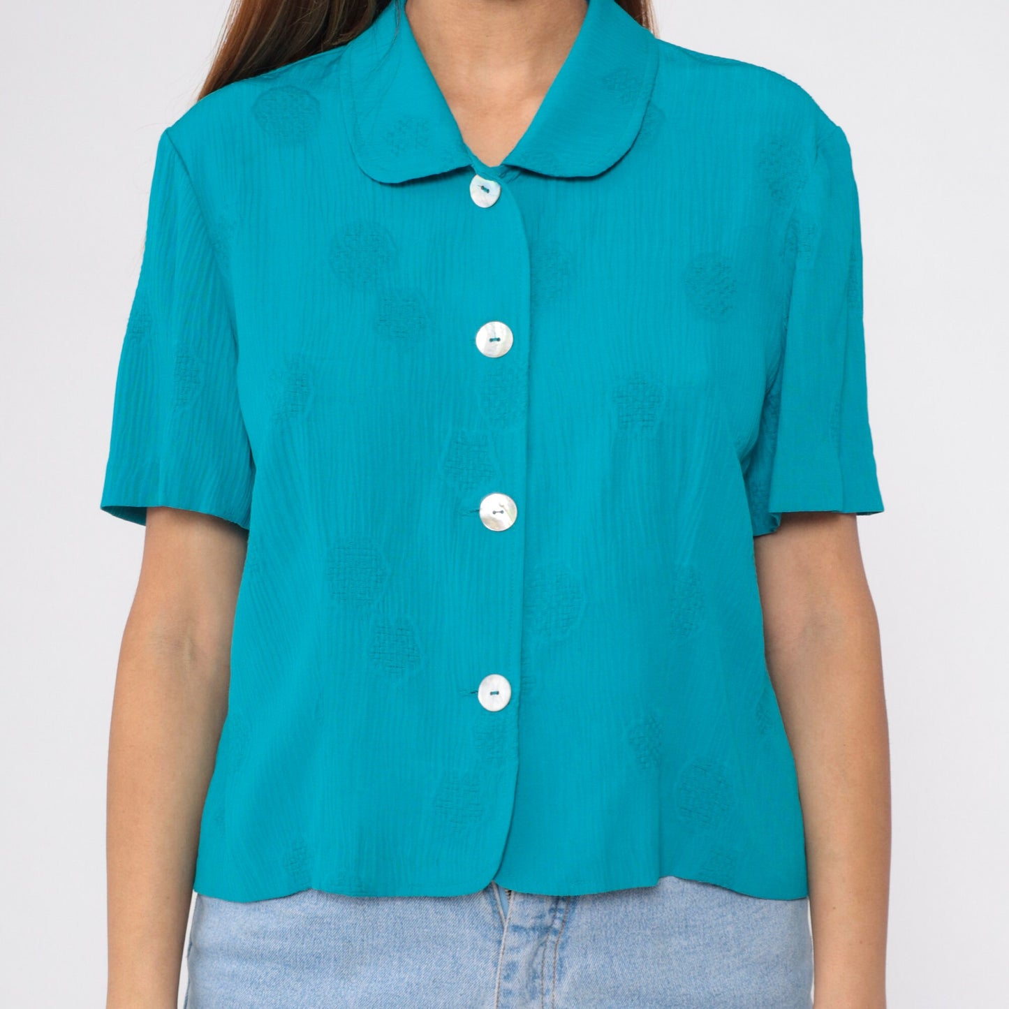 90s Bright Blue Mandala Print Button-Up Blouse Peter Pan Collar Short Sleeve Large