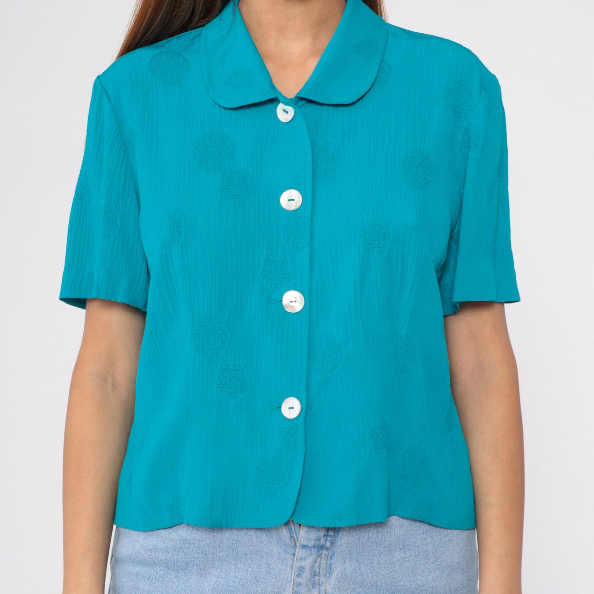 90s Bright Blue Mandala Print Button-Up Blouse Peter Pan Collar Short Sleeve Large