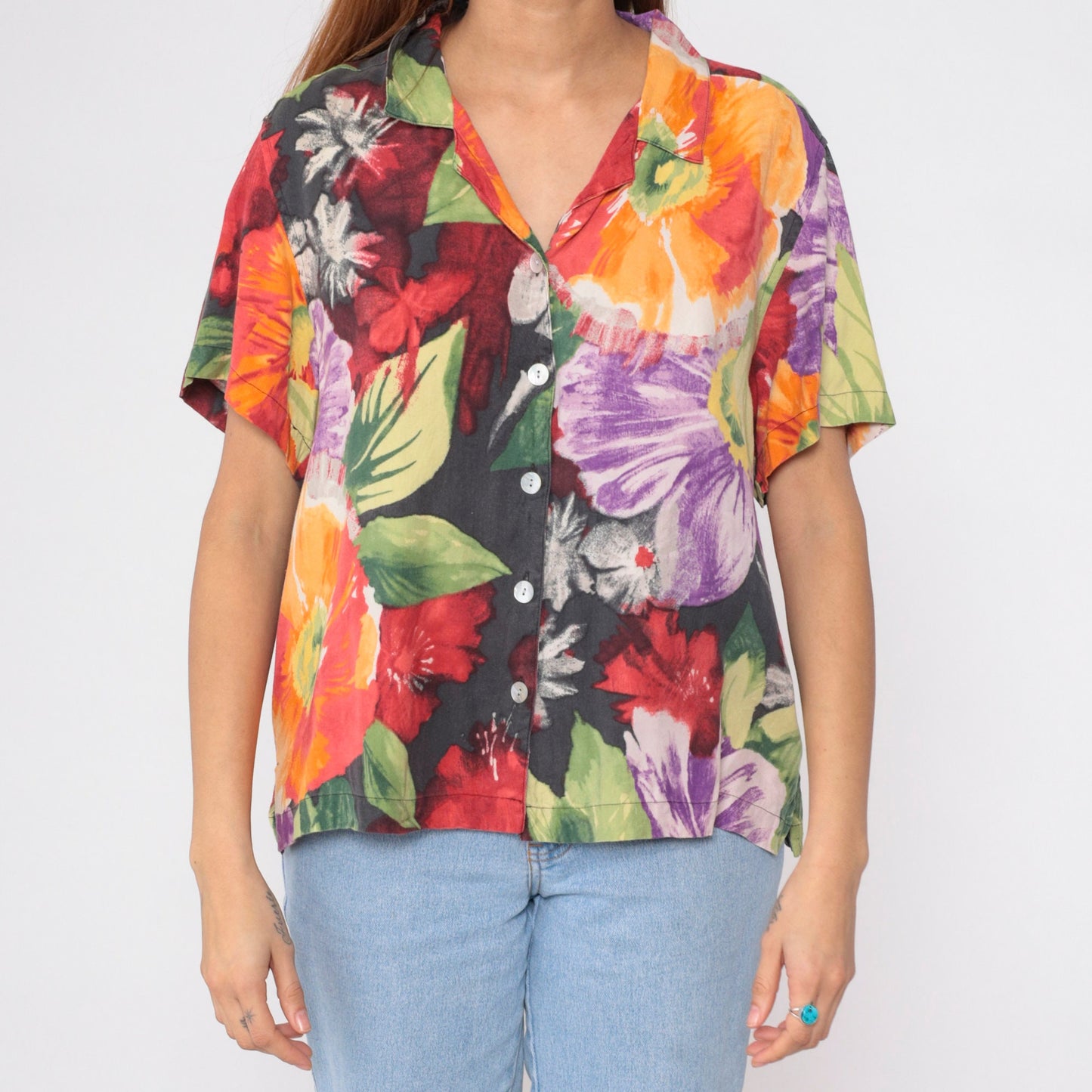 00s Caribbean Joe Silk Floral Button-Up Blouse Watercolor Print Extra Large