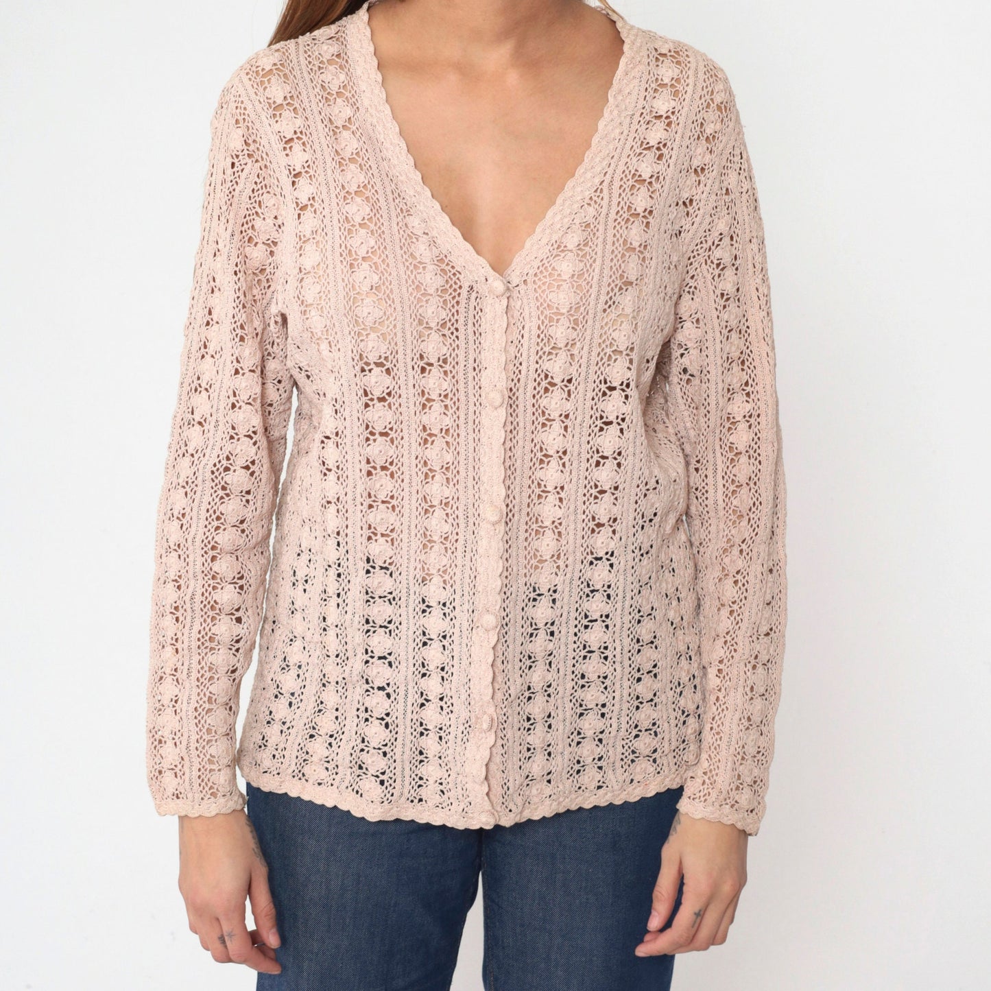 90s Blush Beige Crochet Cardigan Floral Cutout Cotton Knit Large