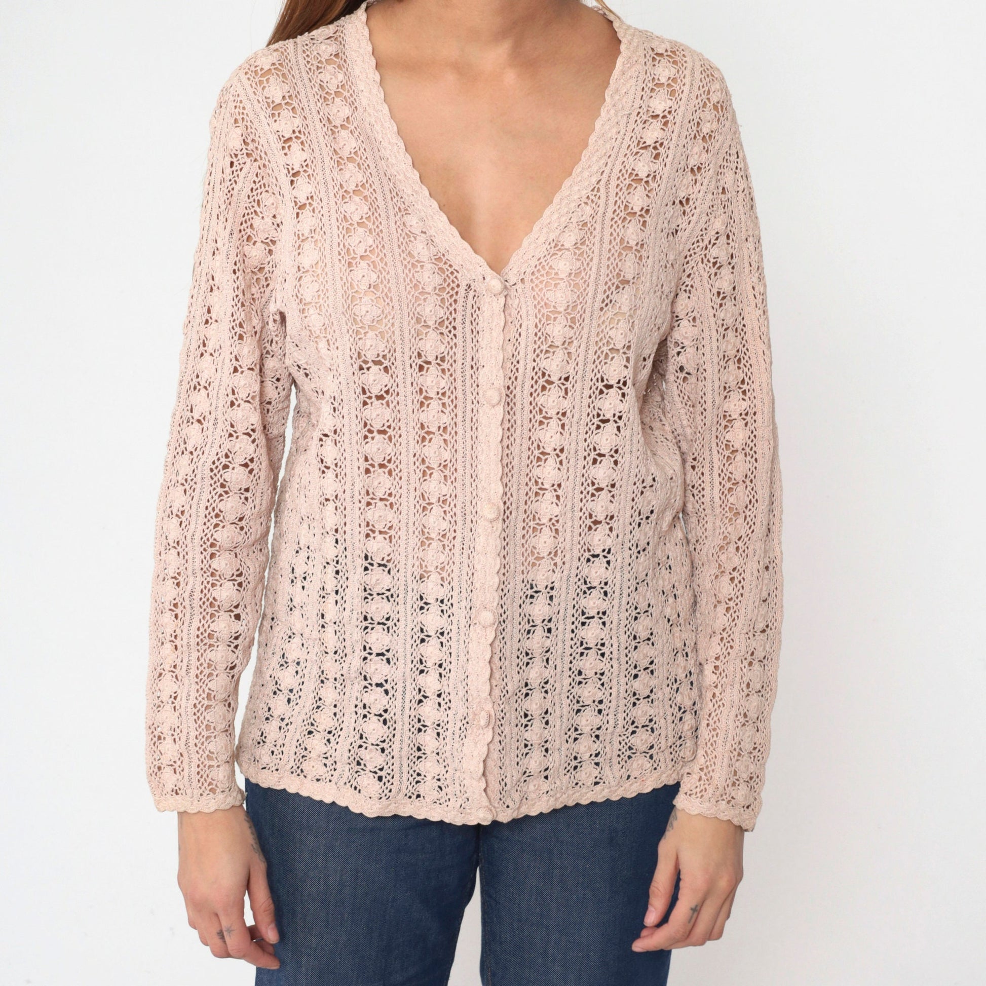 90s Blush Beige Crochet Cardigan Floral Cutout Cotton Knit Large