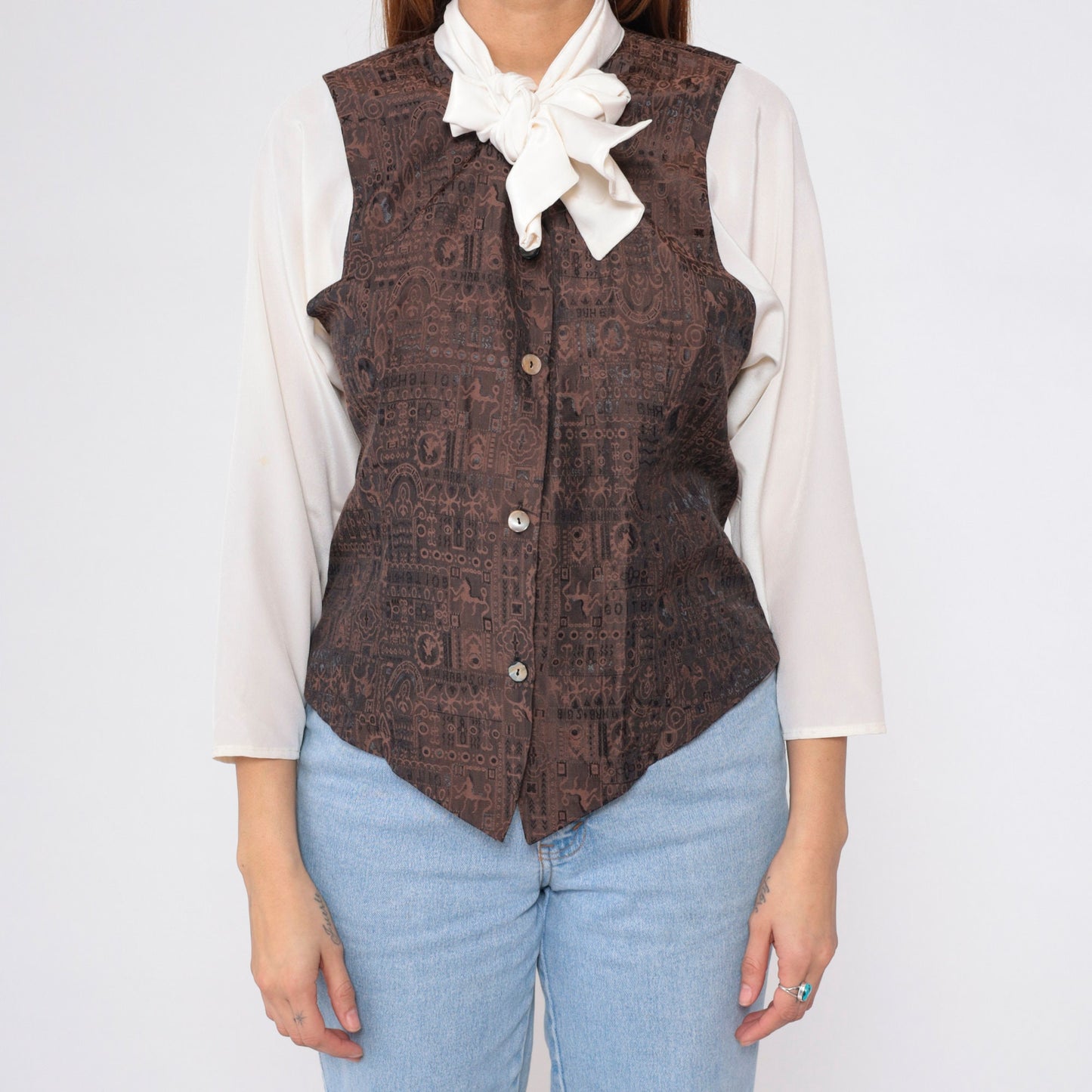 90s Off-White Button-Up Blouse with Attached Brown Vest and Necktie Medium