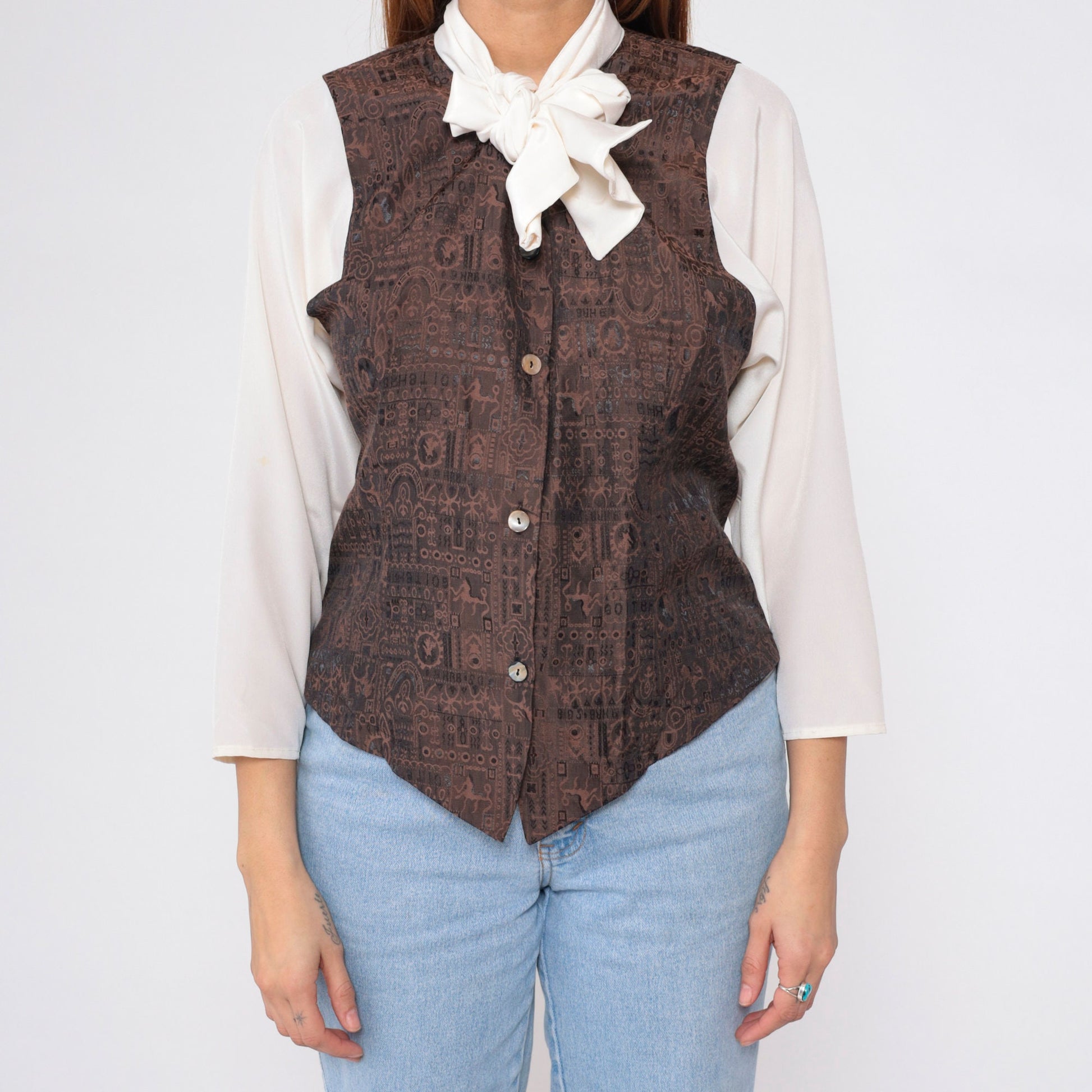 90s Off-White Button-Up Blouse with Attached Brown Vest and Necktie Medium