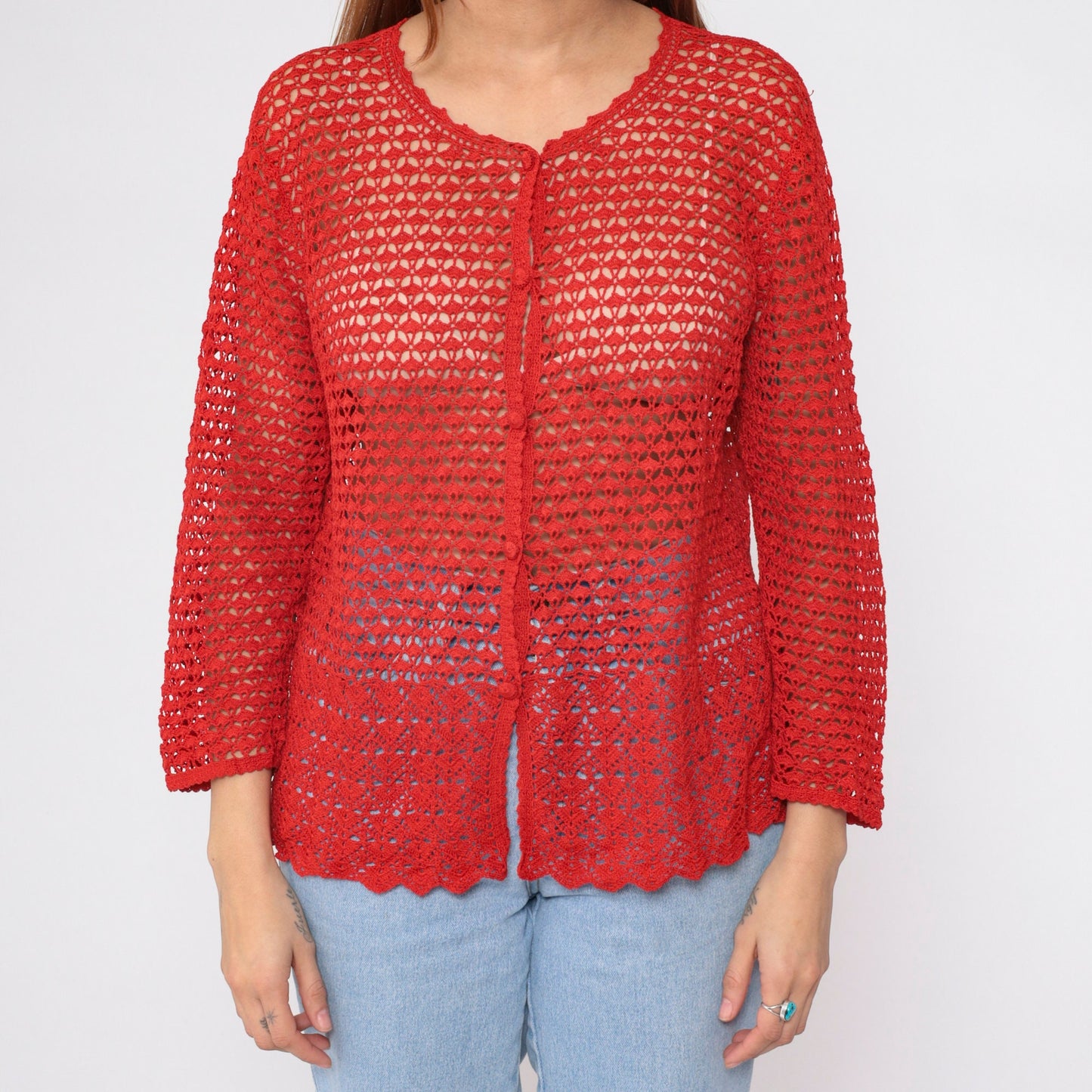 90s Red Crochet Cardigan Floral Cutout Button-Up Sweater Large L