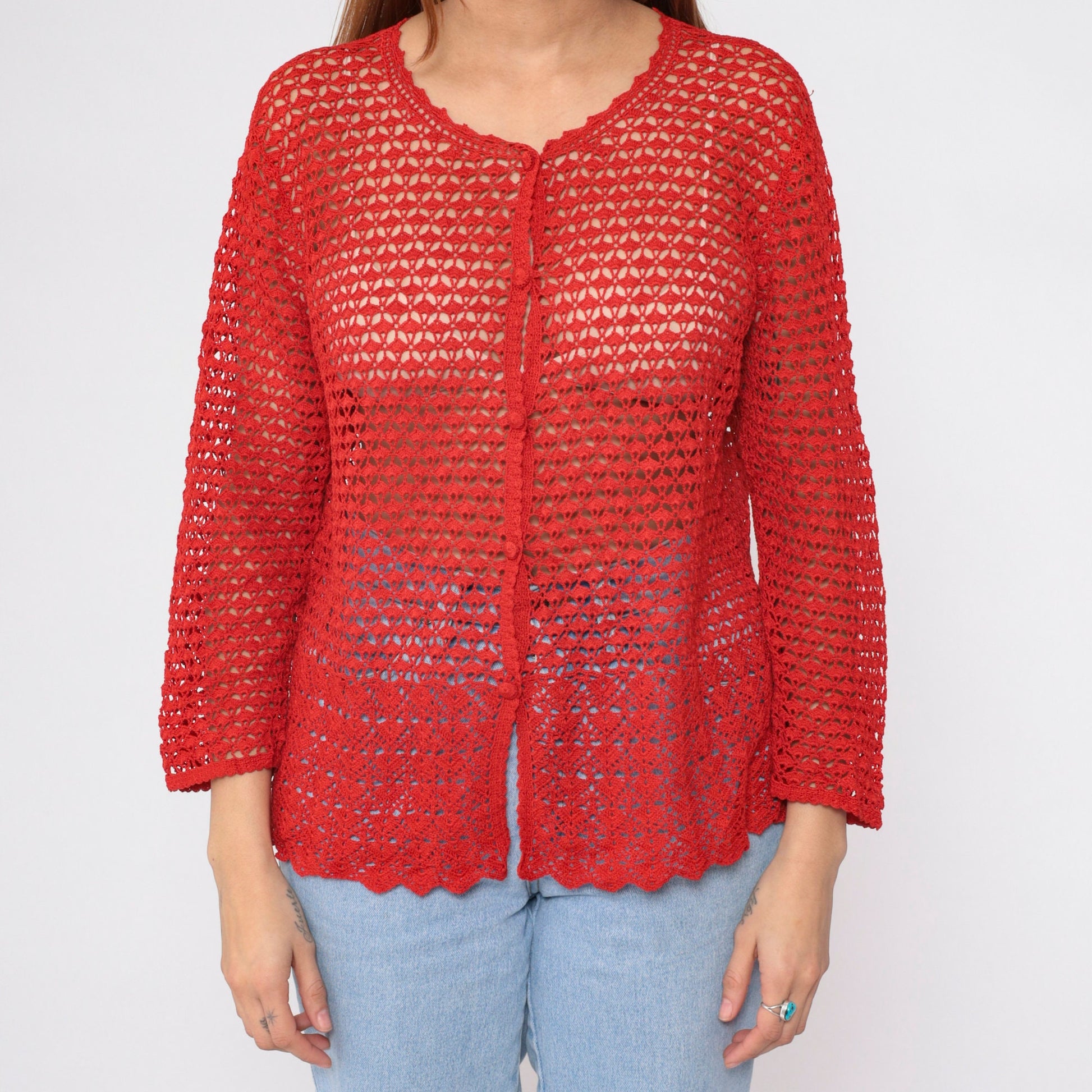 90s Red Crochet Cardigan Floral Cutout Button-Up Sweater Large L