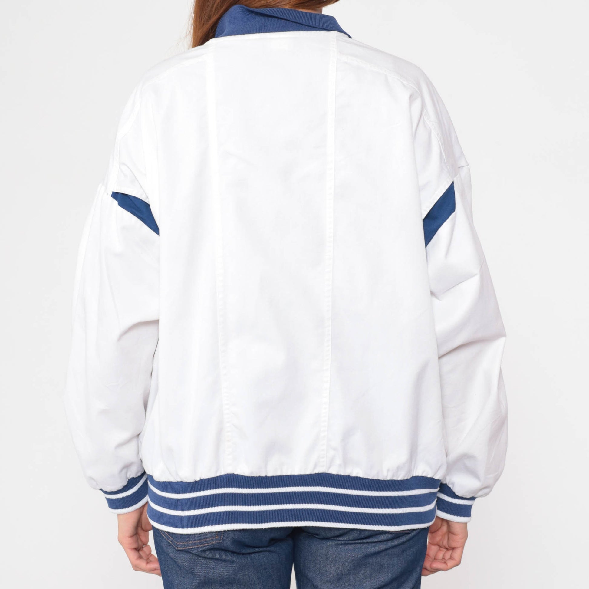 80s White Windbreaker Jacket Dark Blue Stripes Full Zip Track Jacket Extra Large XL