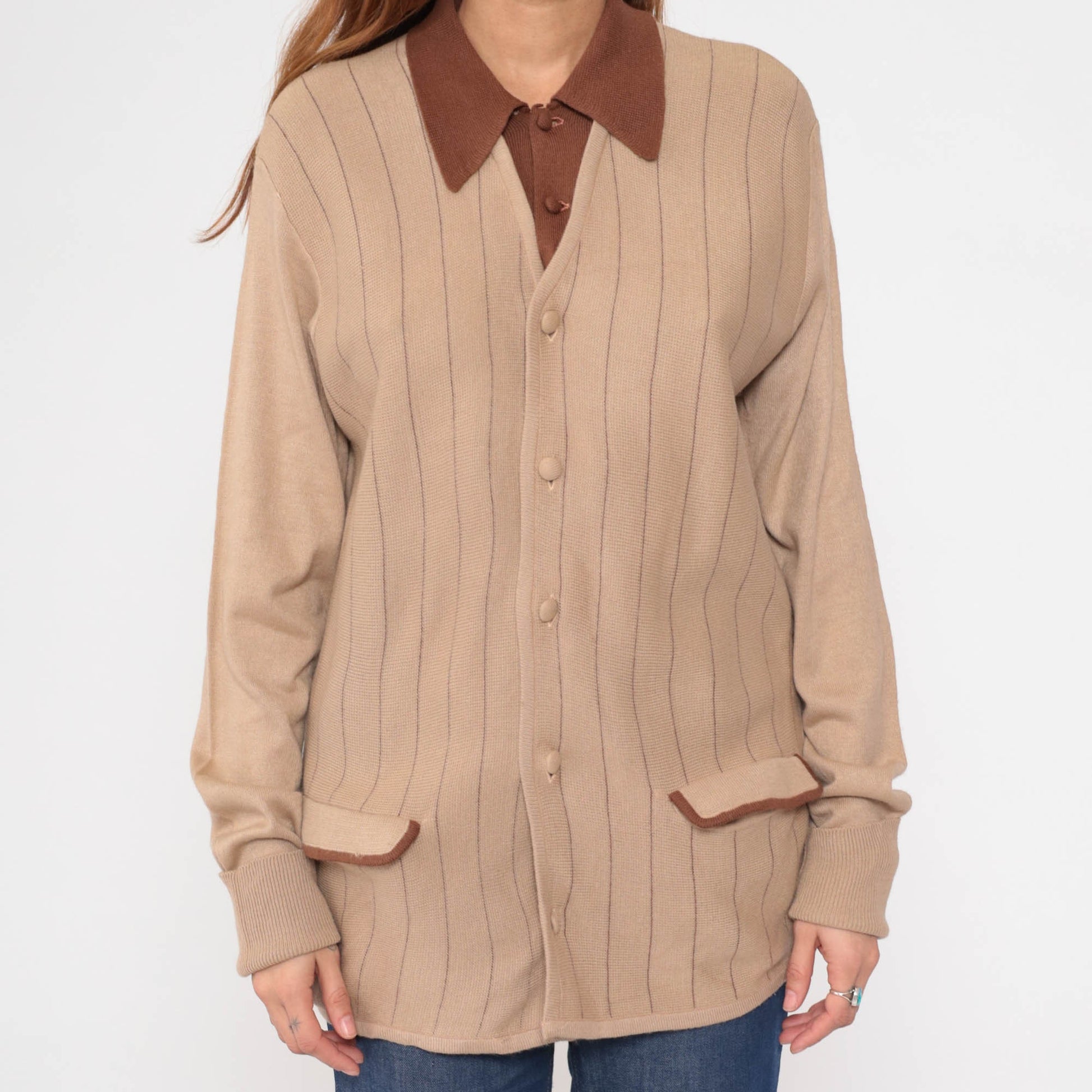 70s Berchielli Striped Cardigan Tan Brown Collared Button-Up Knit Medium