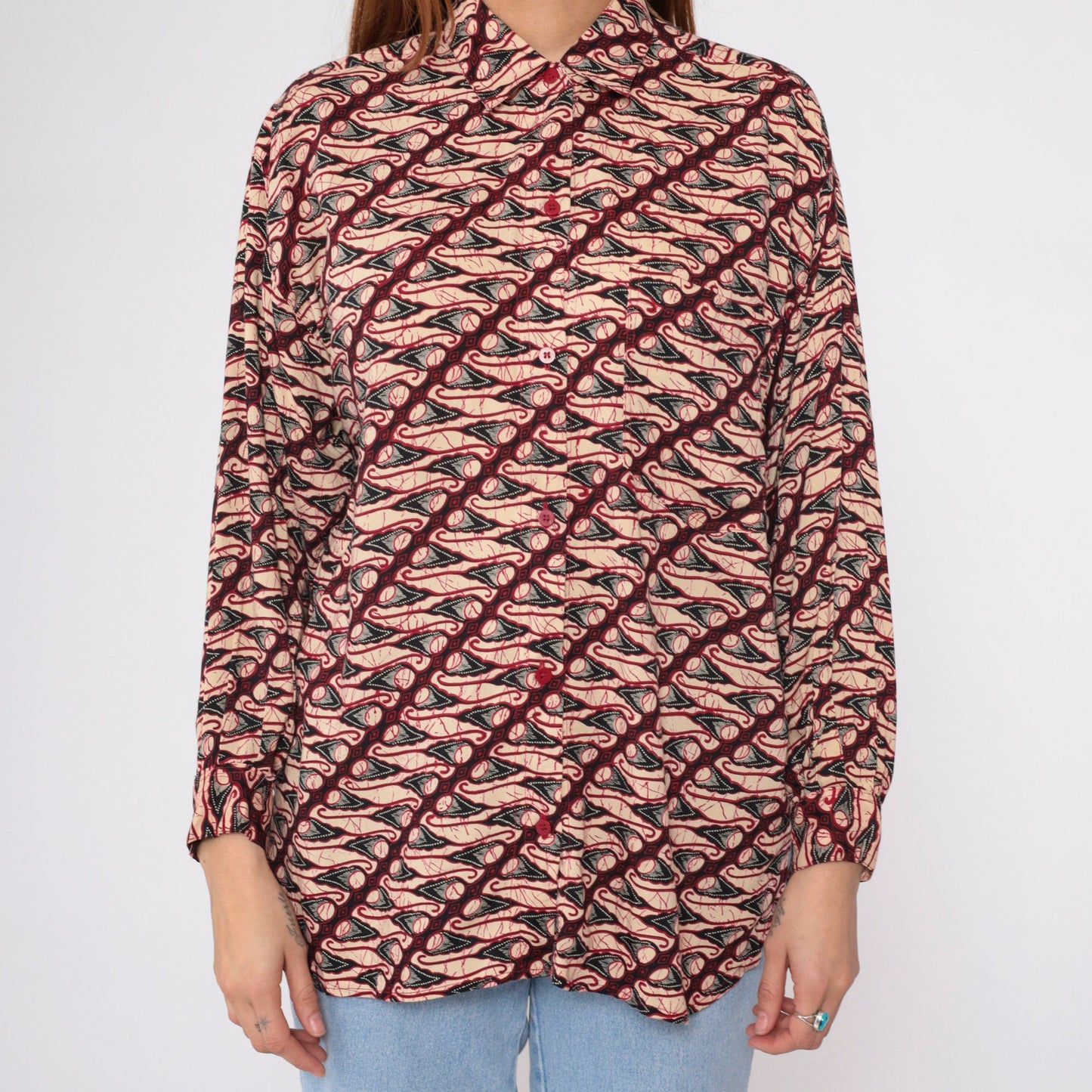 90s Geometric Abstract Button Up Blouse Red Tan Patterned Medium