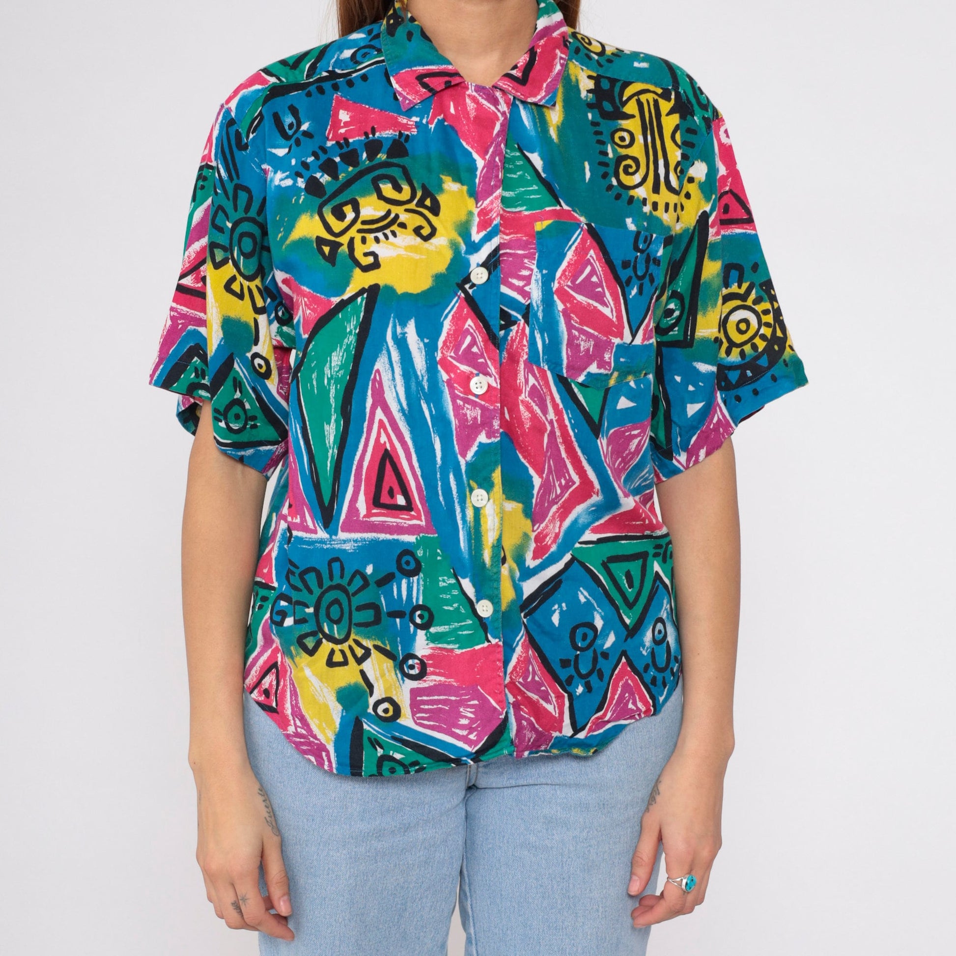 90s Blue Rose Geometric Celestial Print Button Up Shirt Large