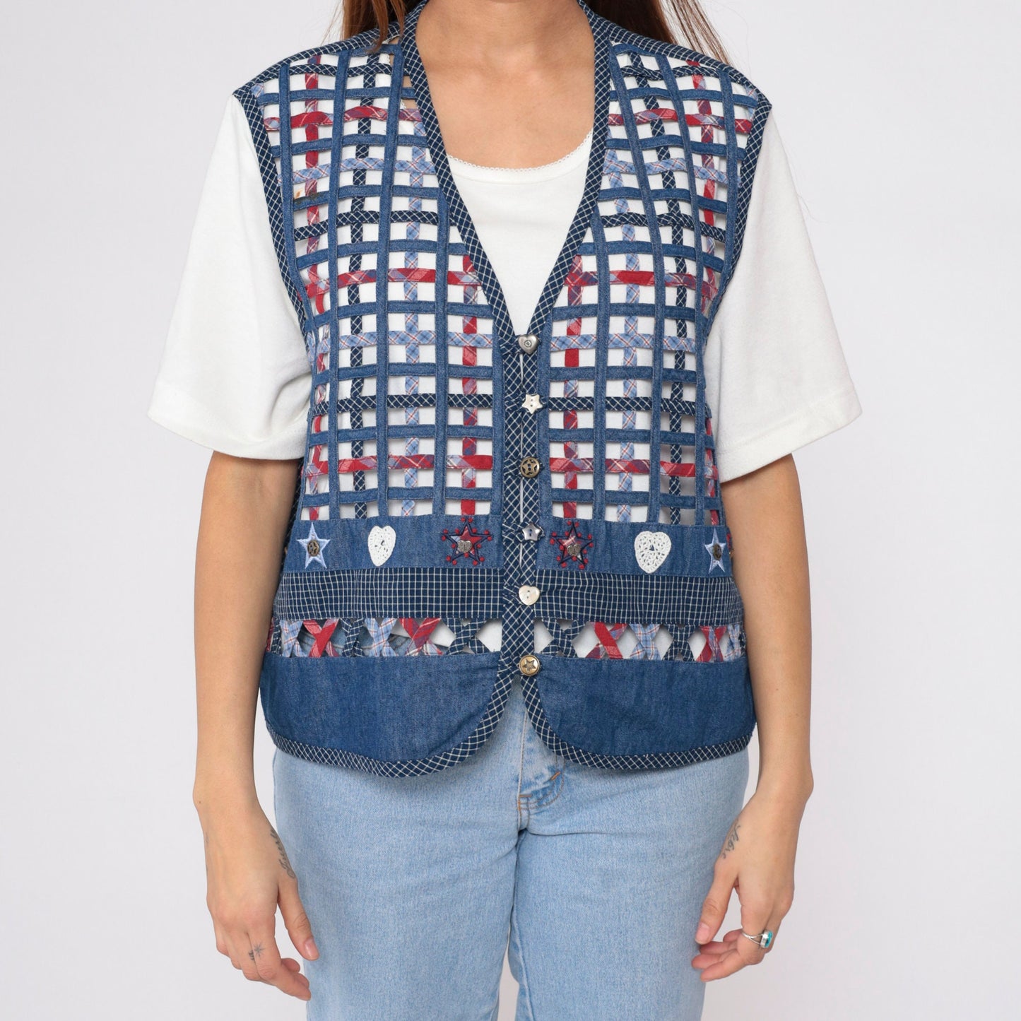 90s Koret City Blues Checkered Vest Blouse White Cotton Button Up Extra Large XXL