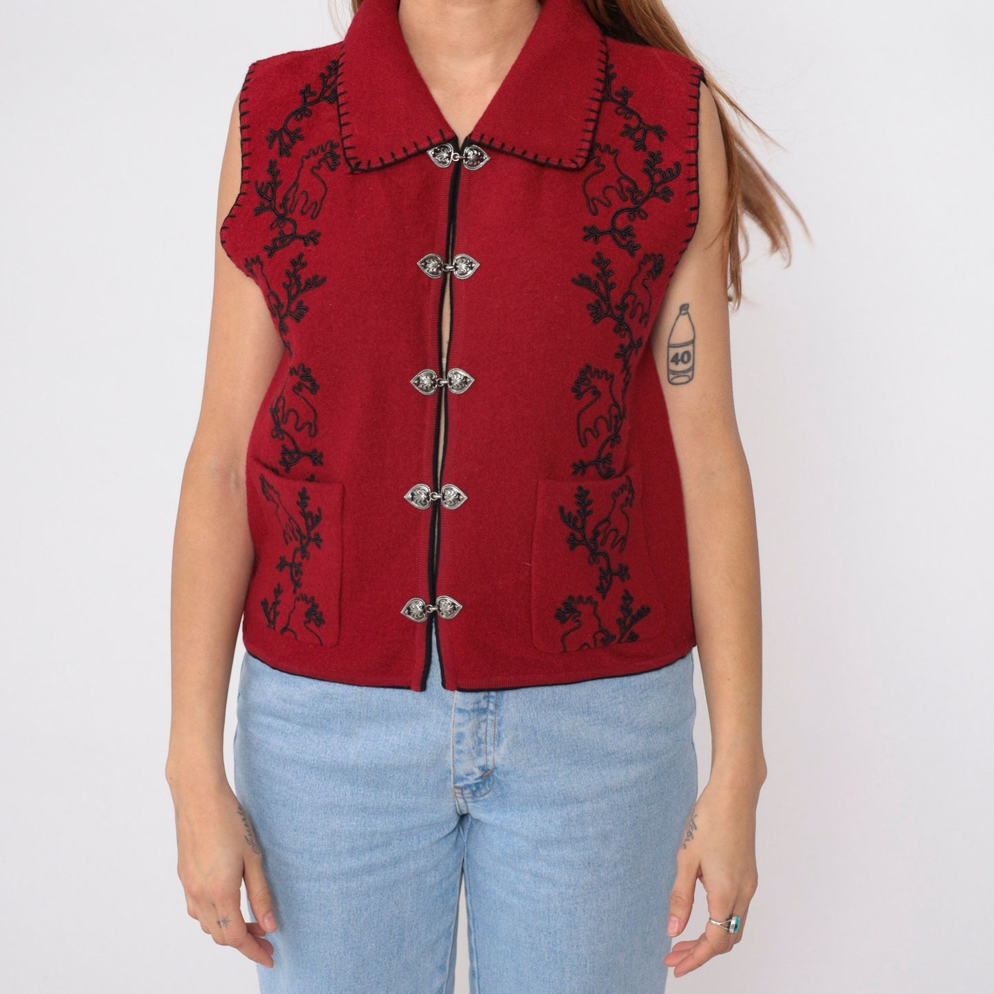 90s Woolrich Moose Wool Vest Red Black Soutache Silver Clasp Medium M