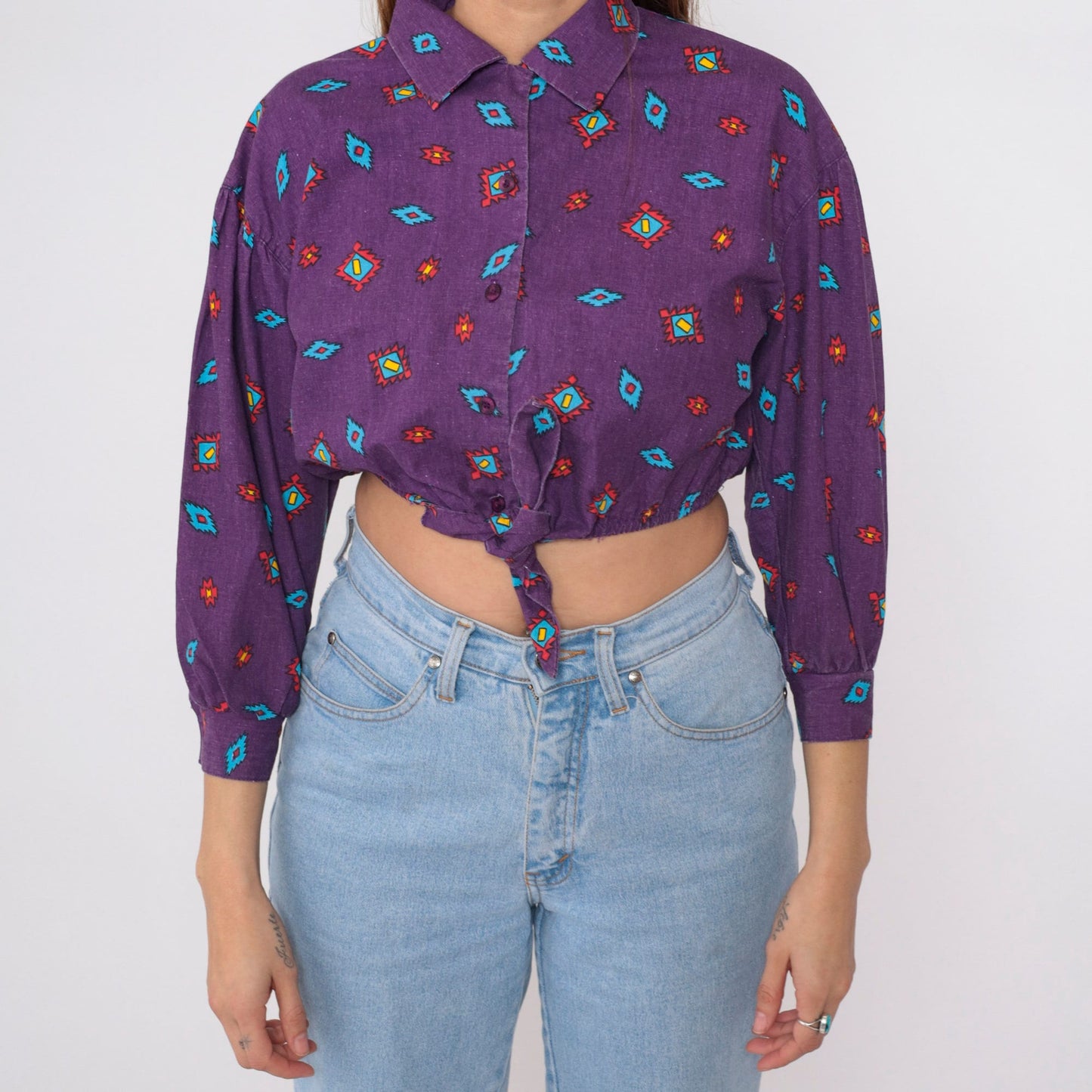 90s Arizona Jean Company Southwestern Crop Top Purple Button-Up Medium