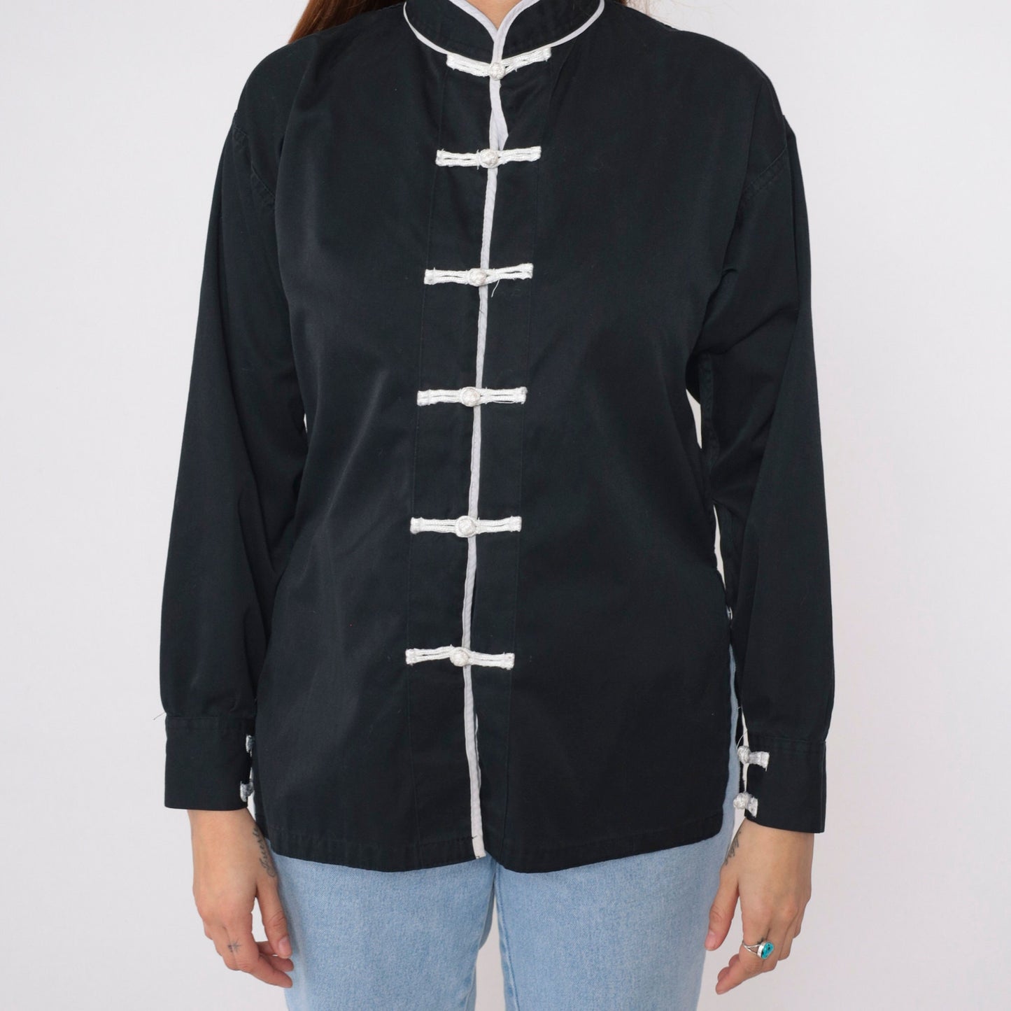 90s Black Button-Up Blouse with White Trim and Frog Knot Closure Small S