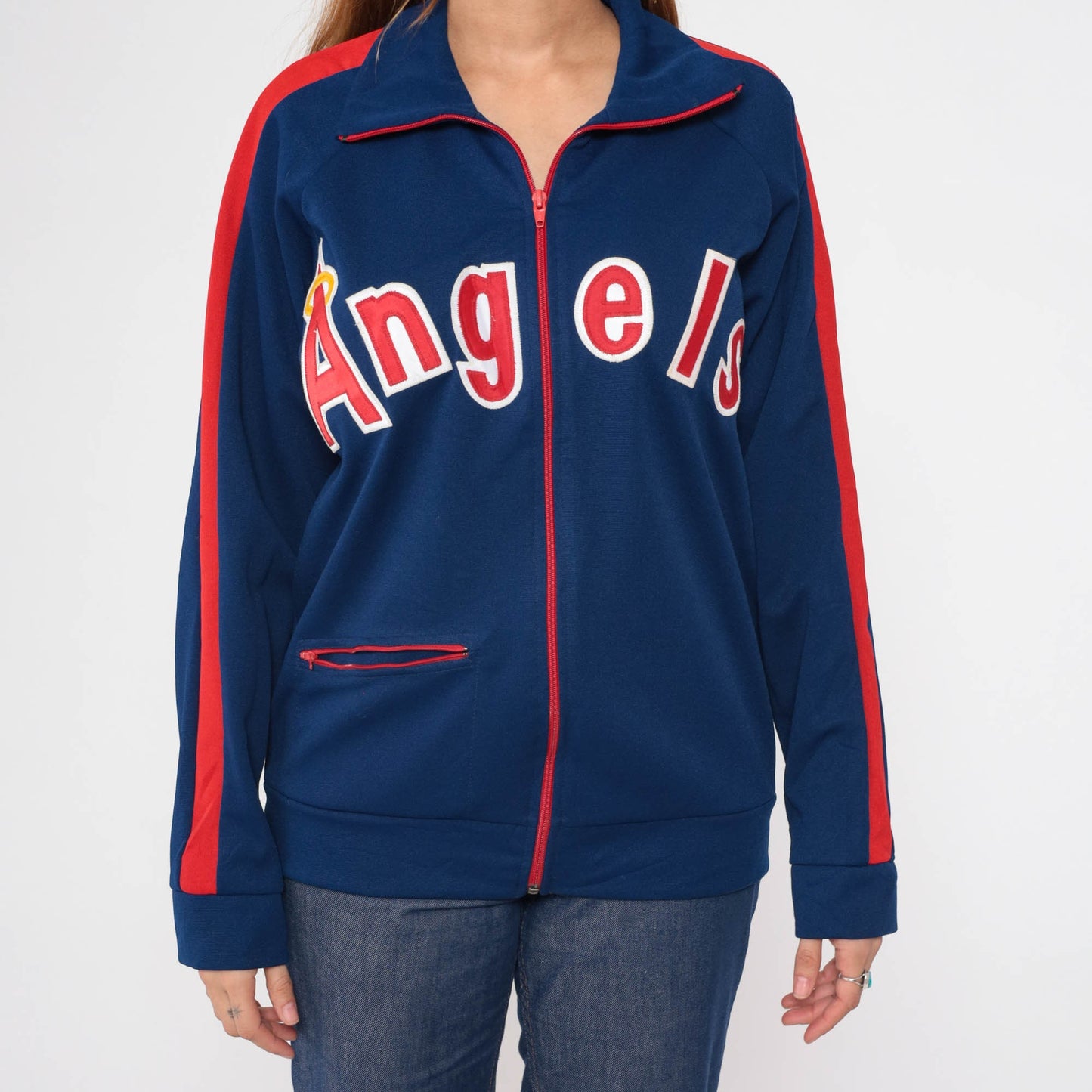 80s Los Angeles Angels Baseball Jacket Dark Blue Red Stripe Wool Blend Small