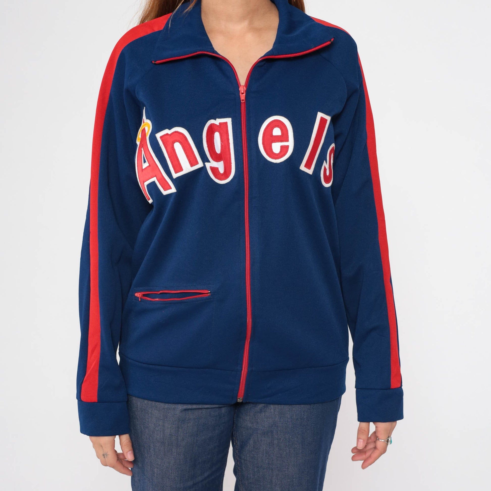 80s Los Angeles Angels Baseball Jacket Dark Blue Red Stripe Wool Blend Small