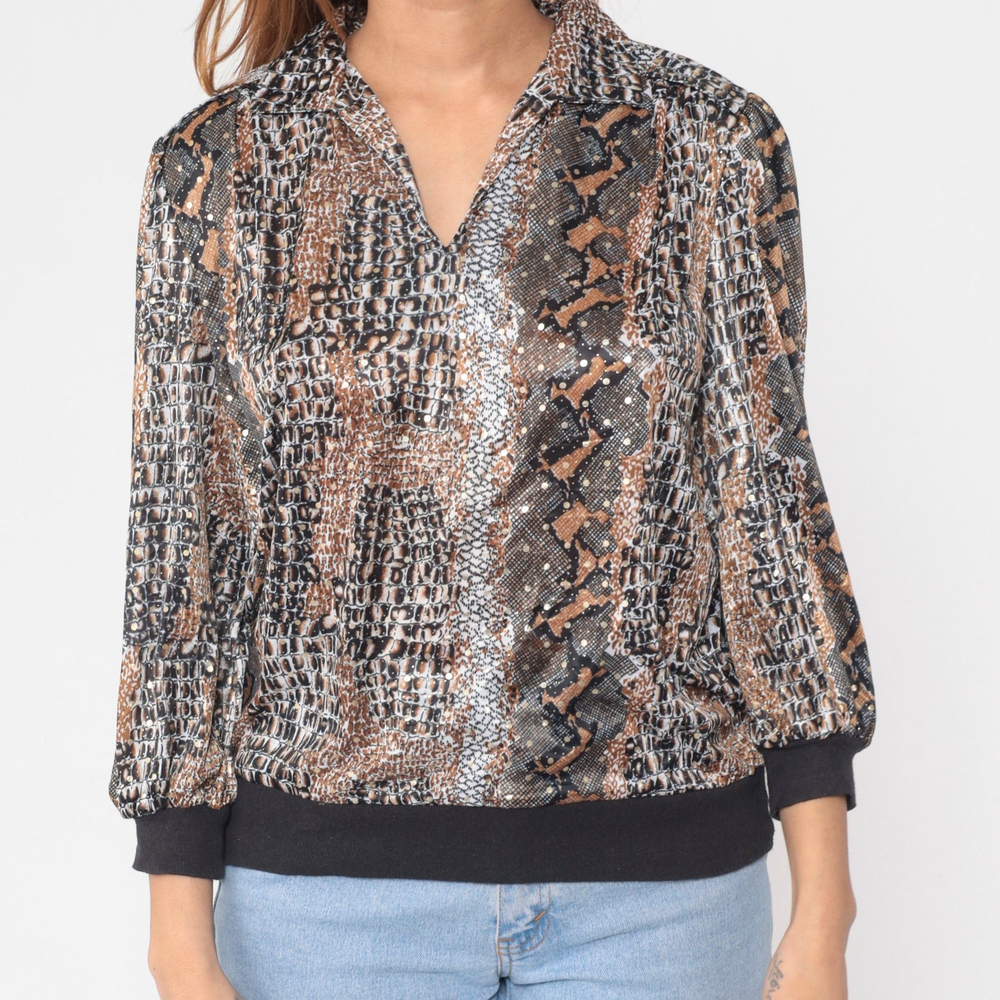 80s Snakeskin Print Blouse Collared V-Neck 3/4 Sleeve Banded Hem Large L