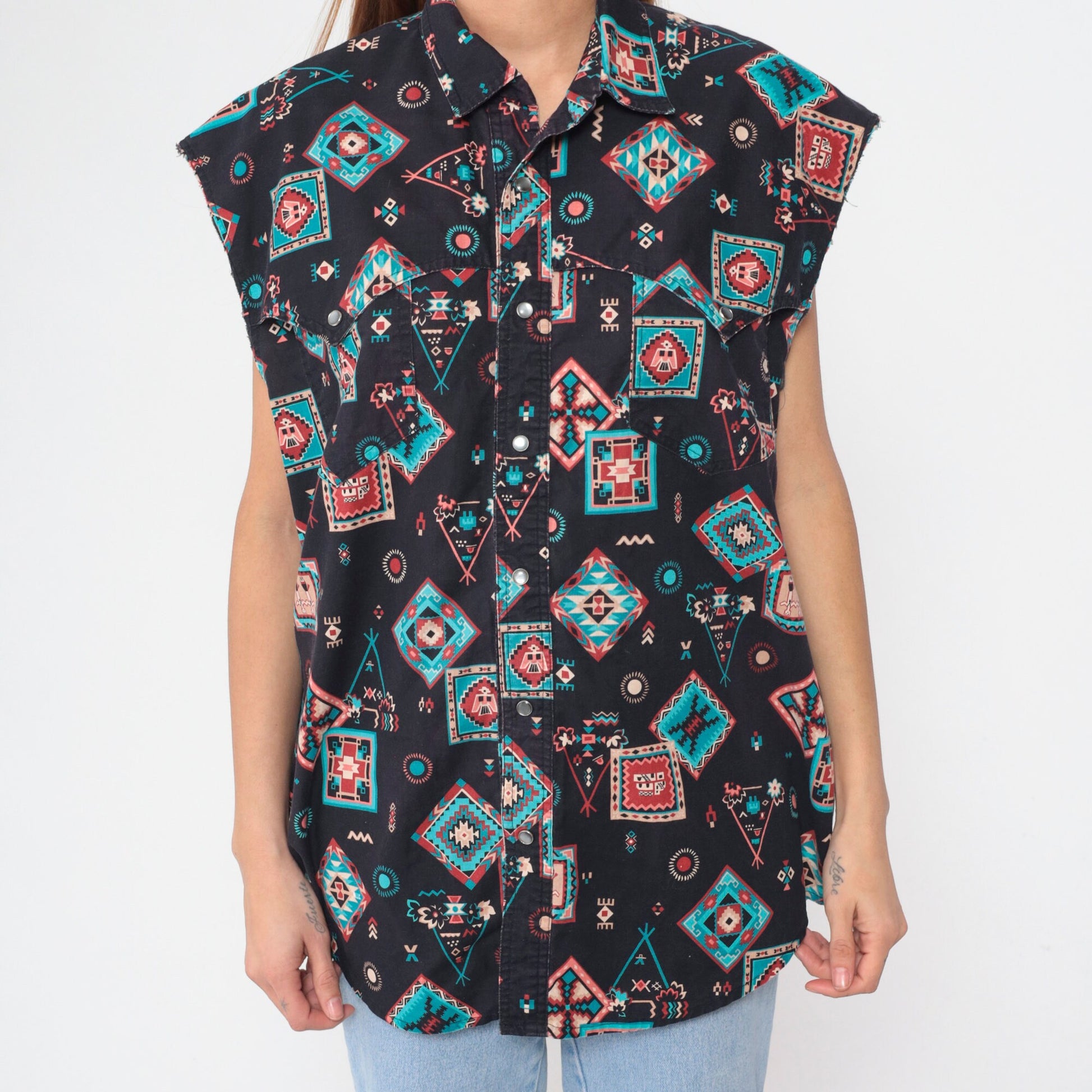 90s Southwestern Pearl Snap Tank Top Black Geometric Collared XL
