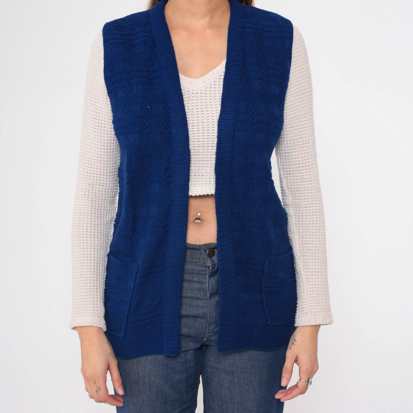70s Knit Vest Navy Textured Checkered Open Front Sleeveless Top Small