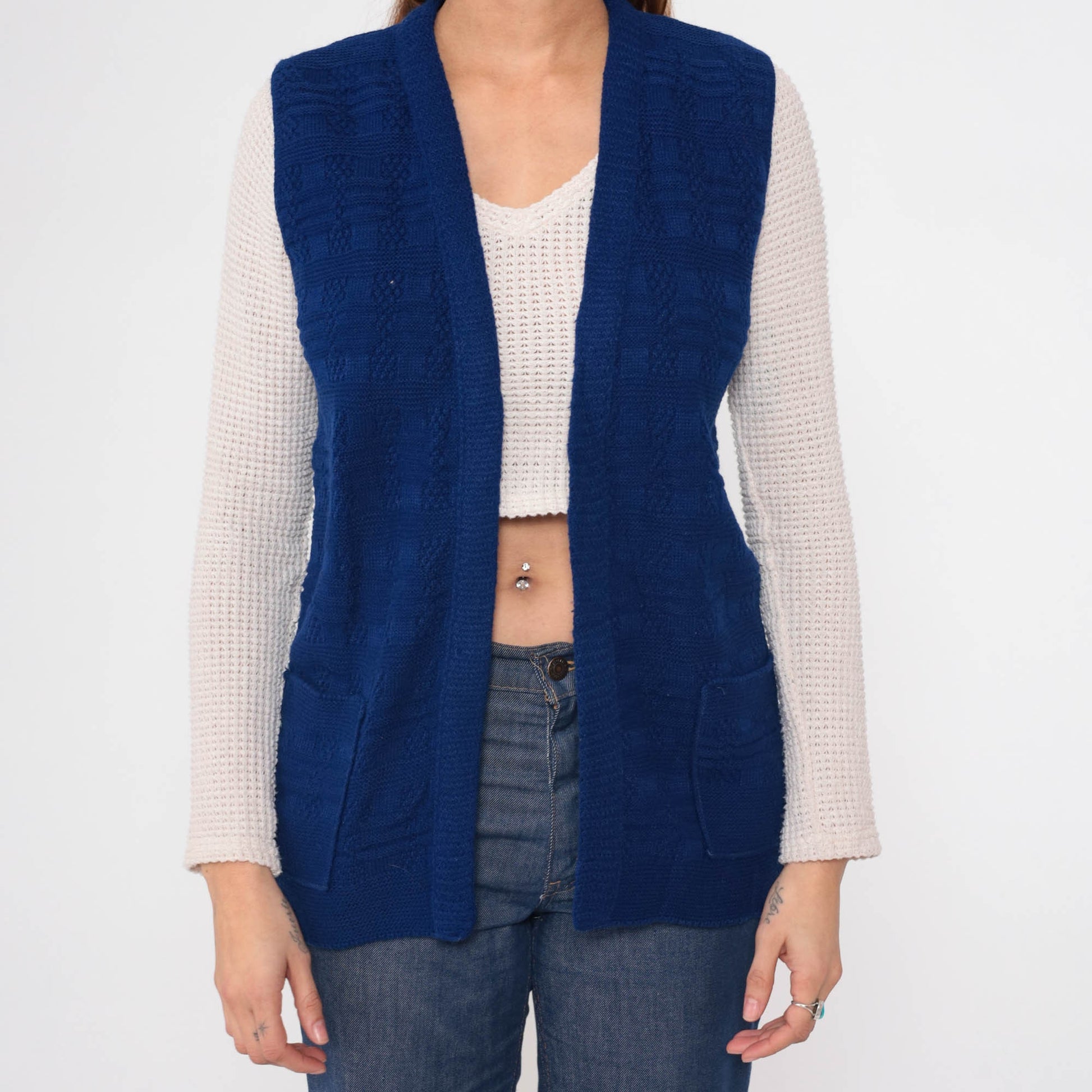 70s Knit Vest Navy Textured Checkered Open Front Sleeveless Top Small