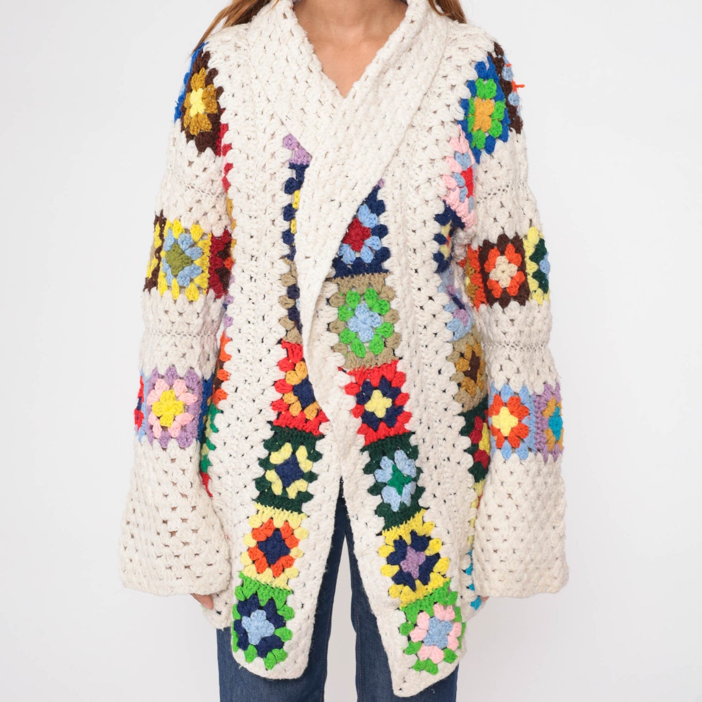 70s Crochet Cardigan Sweater Granny Square Afghan Knit Open Front Off-White Extra Large