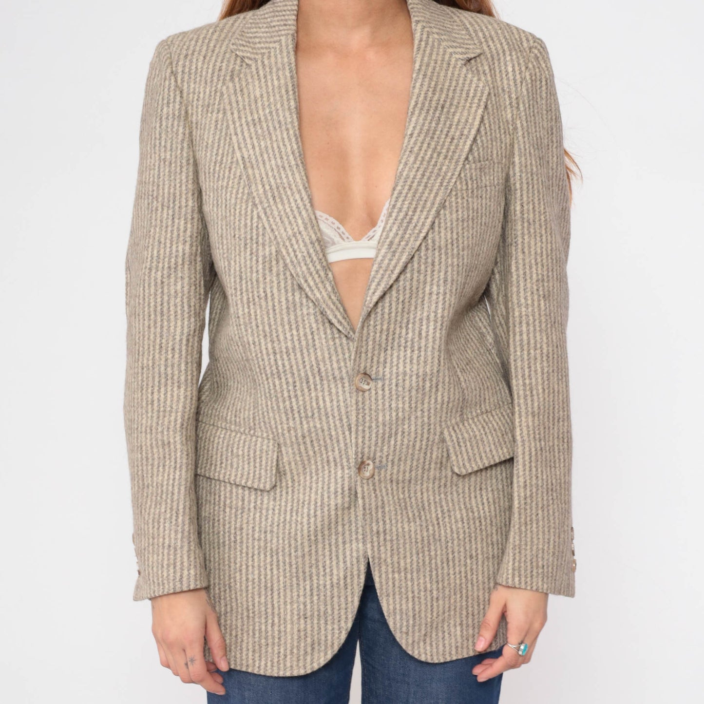 80s Striped Wool Blend Blazer Grey Beige Tailored Button-Up Small
