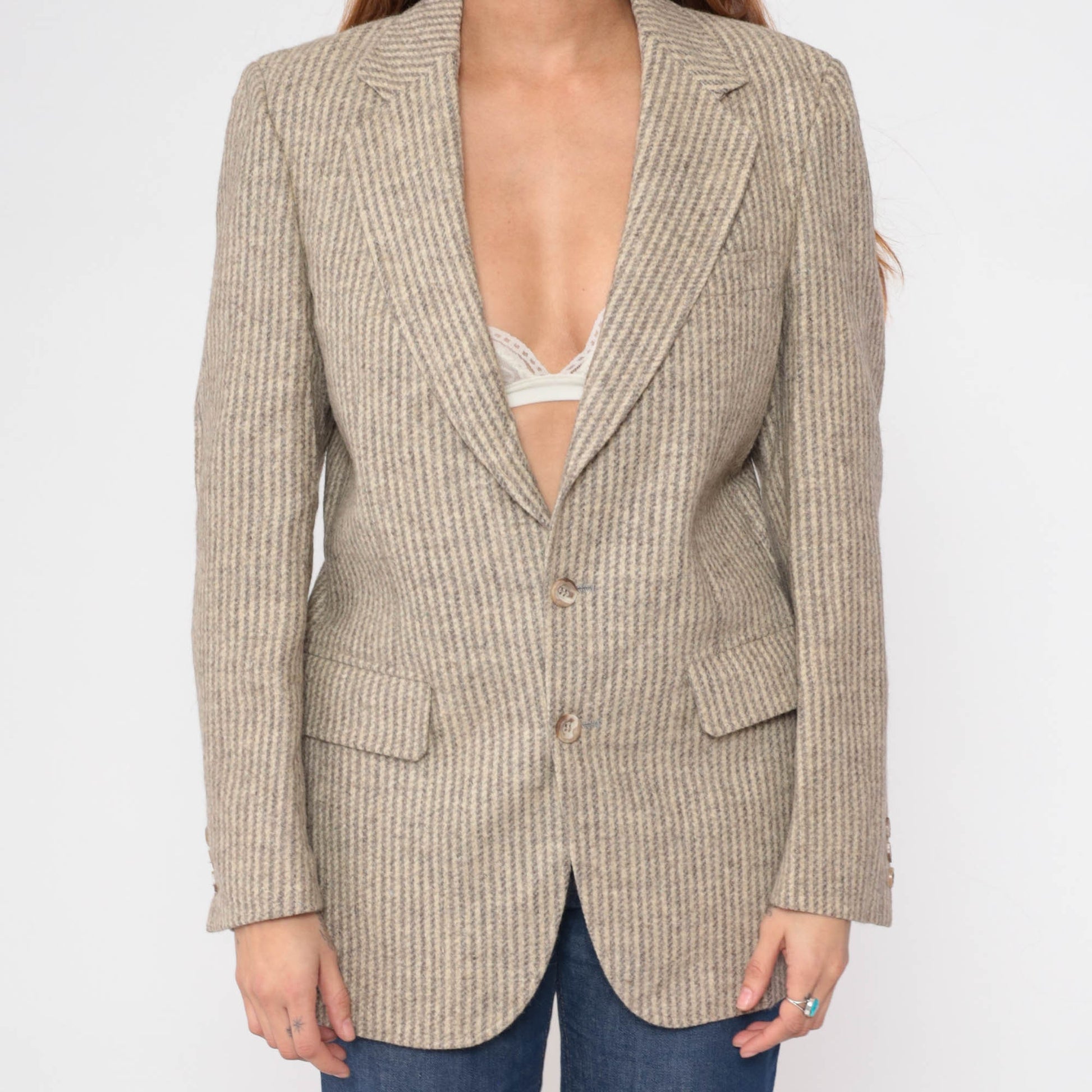 80s Striped Wool Blend Blazer Grey Beige Tailored Button-Up Small