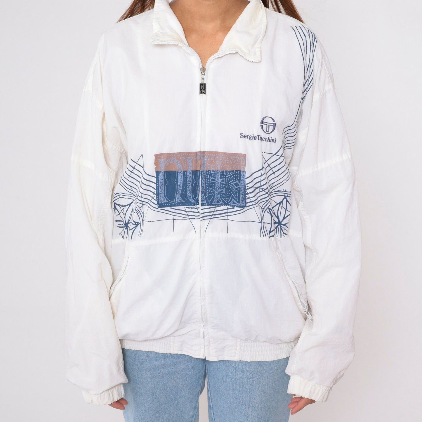 Sergio Tacchini 90s White Geometric Windbreaker Jacket Large L