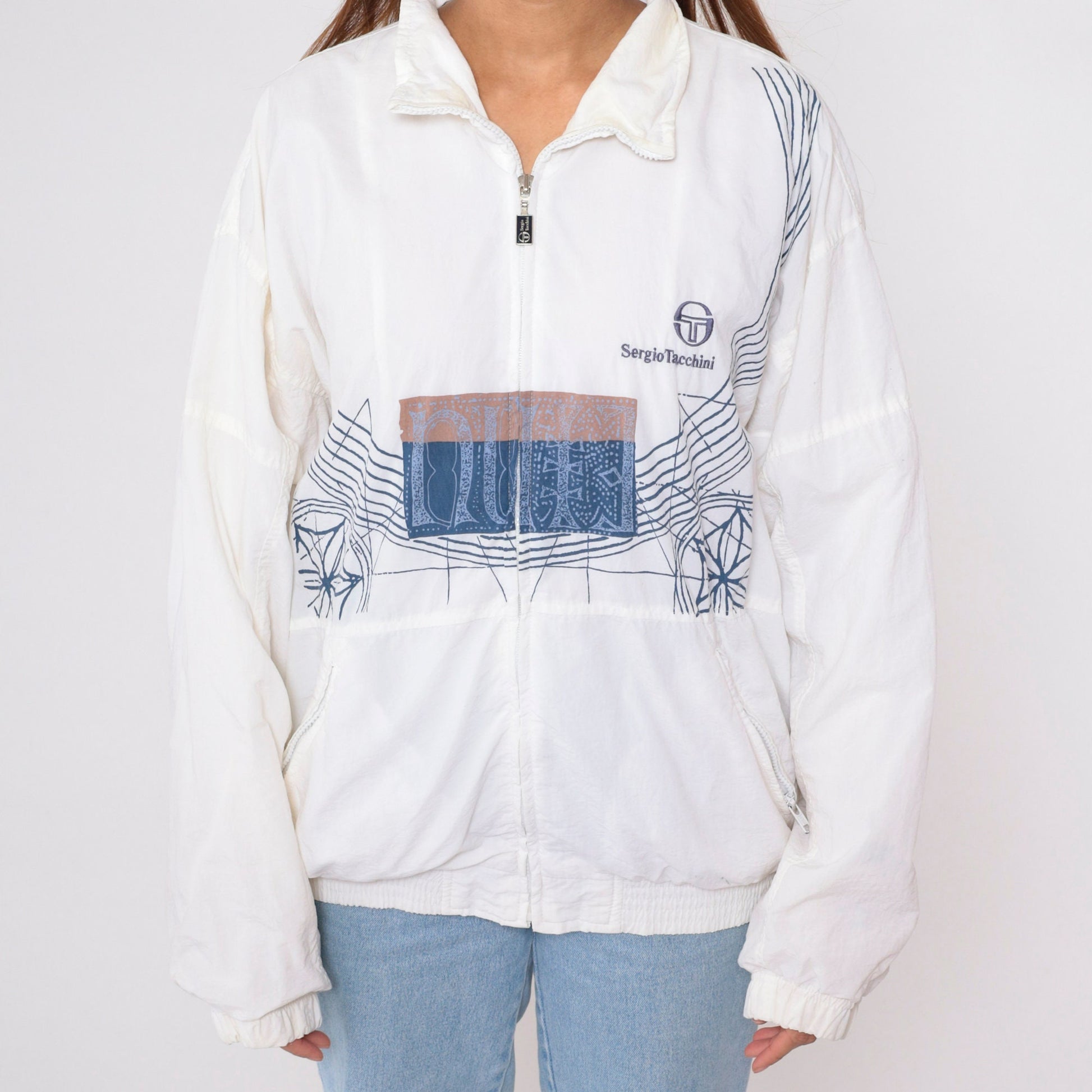 Sergio Tacchini 90s White Geometric Windbreaker Jacket Large L