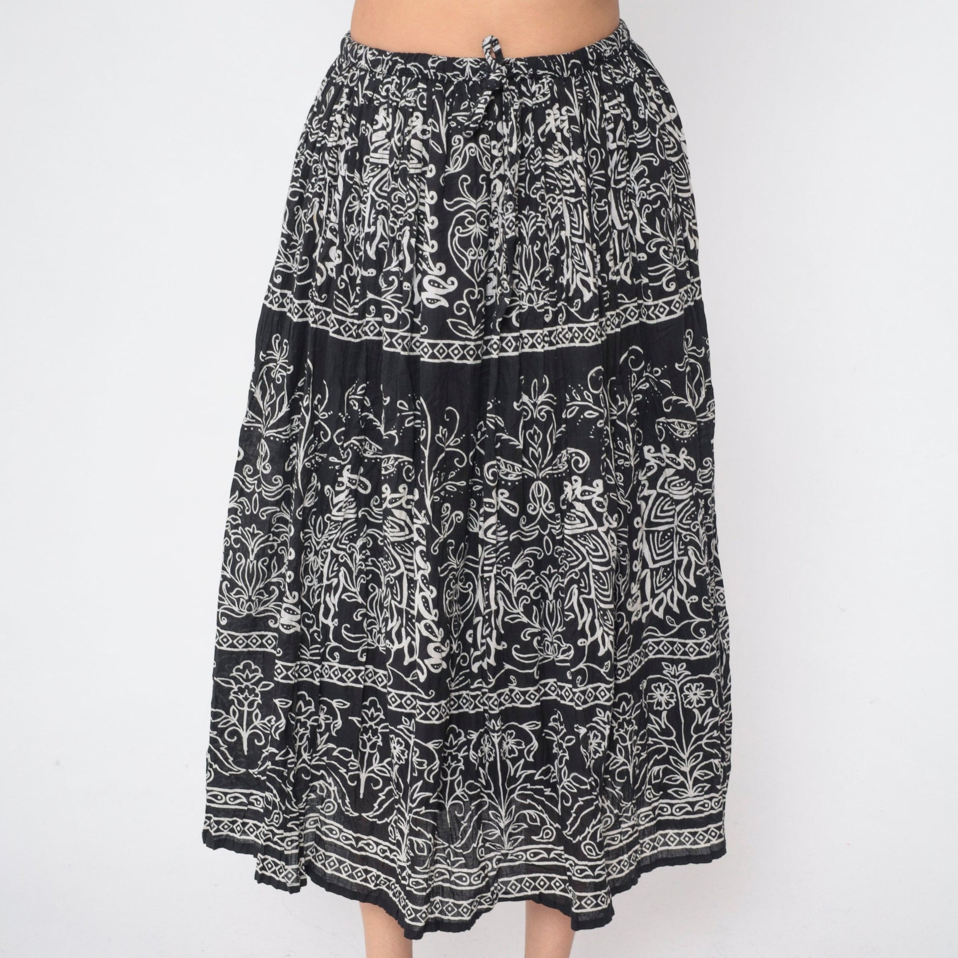 90s Jane Ashley Black Floral Midi Skirt Drawstring Waist Cotton Small
