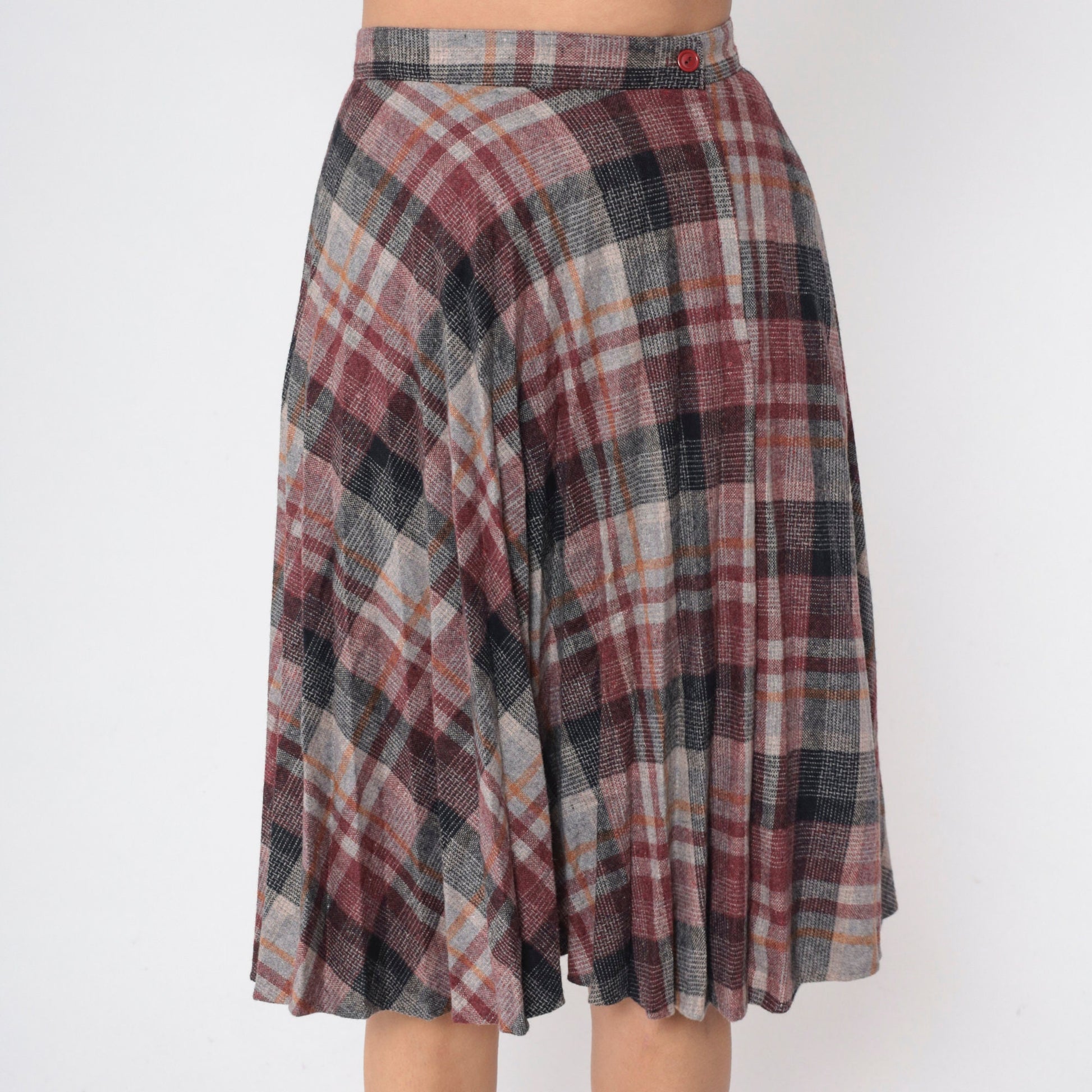 80s Plaid Wool Blend Pleated Skirt High Waist Knee Length Red Grey Small