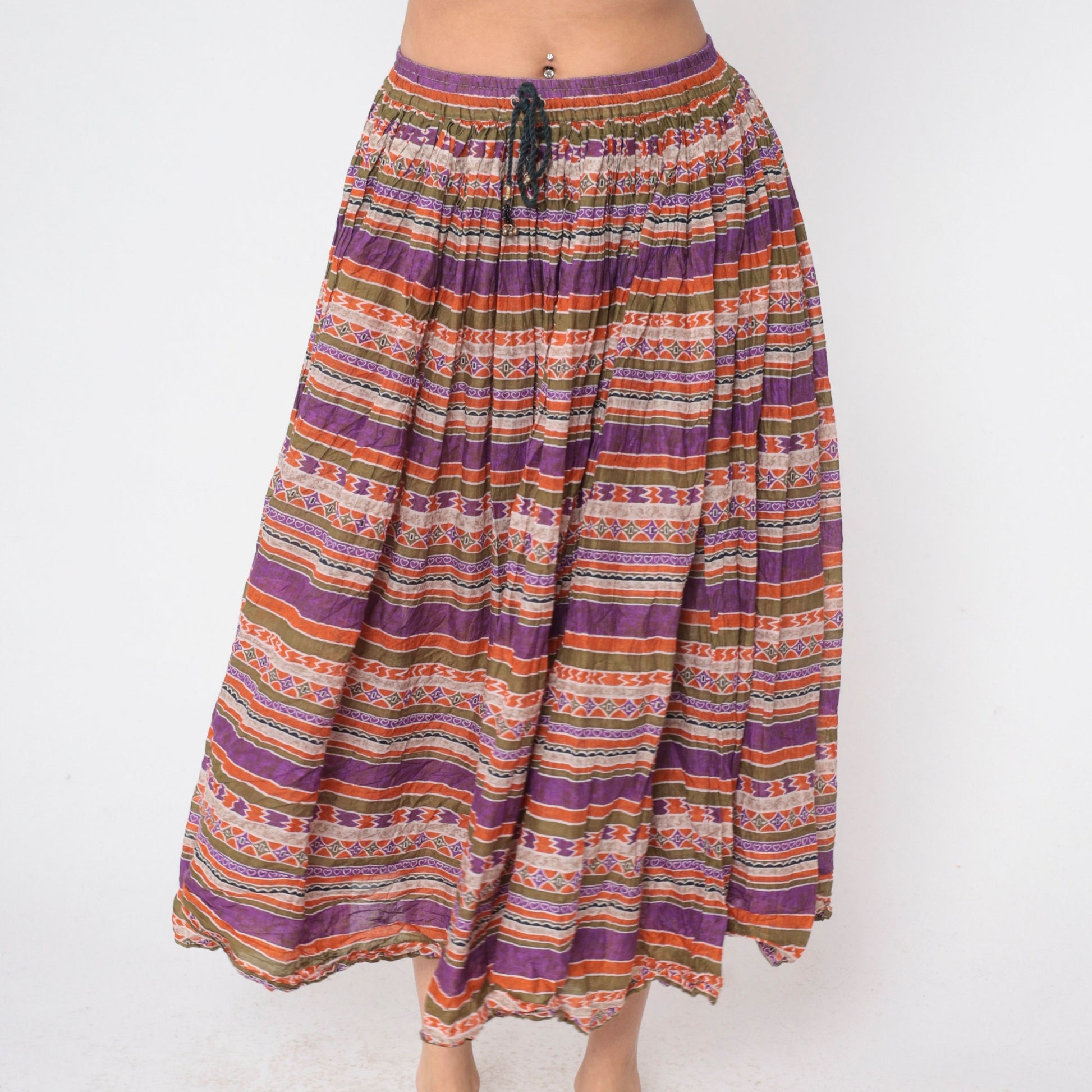 90s Capezio Geometric Striped Broomstick Midi Skirt Drawstring Purple Small