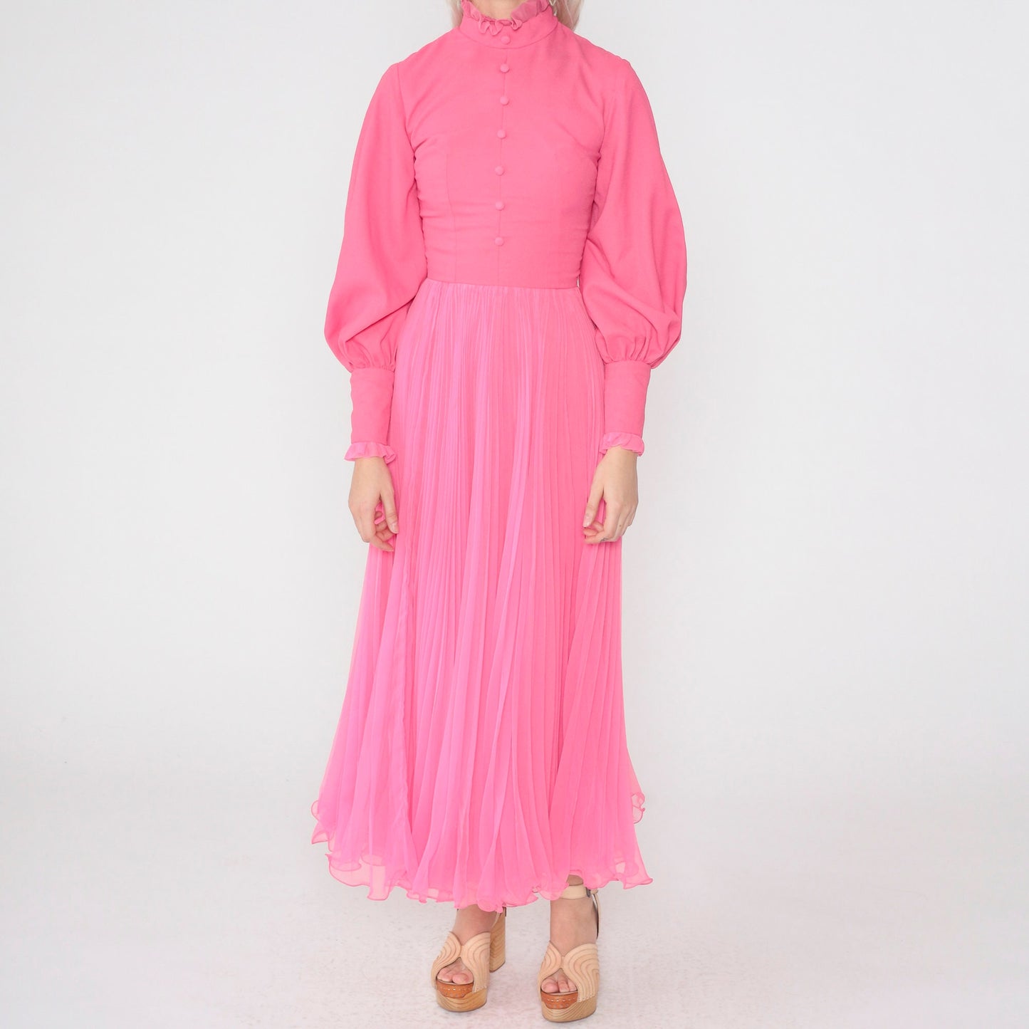 70s Hot Pink Maxi Dress Balloon Sleeve High Neck Ruffled Chiffon Extra Small