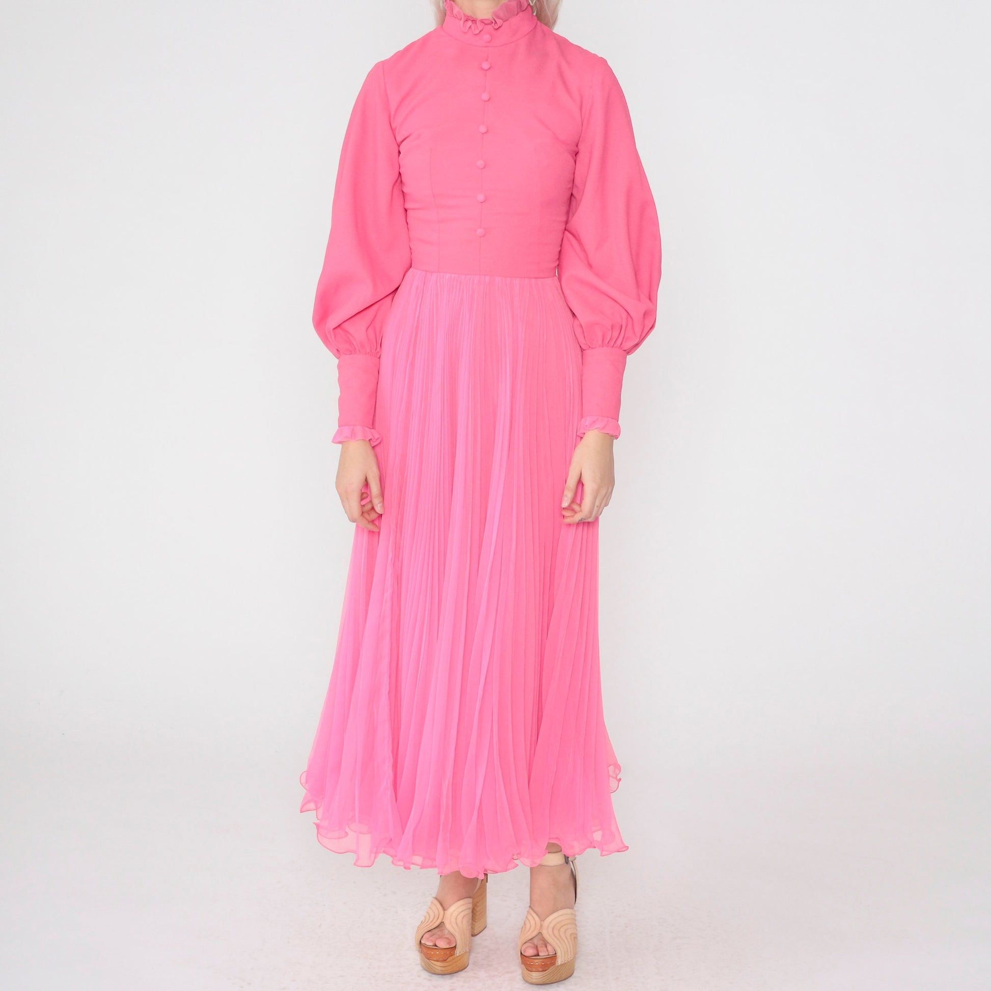 70s Hot Pink Maxi Dress Balloon Sleeve High Neck Ruffled Chiffon Extra Small