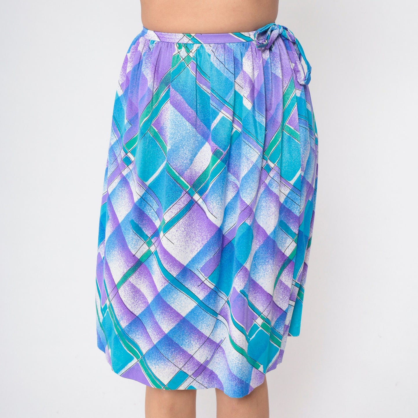 80s Checkered Knee Skirt Blue Purple White Plaid High Waist Tie Small
