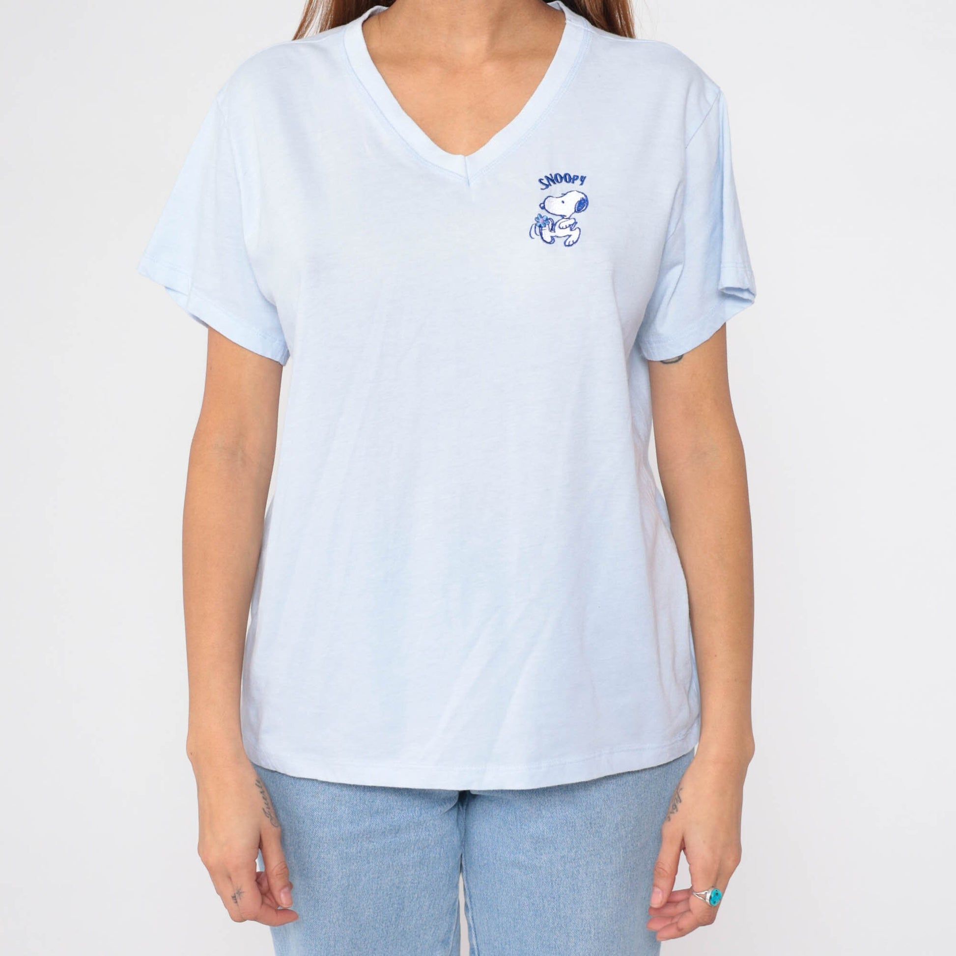 90s Snoopy Peanuts Graphic T-Shirt Baby Blue V-Neck Large L