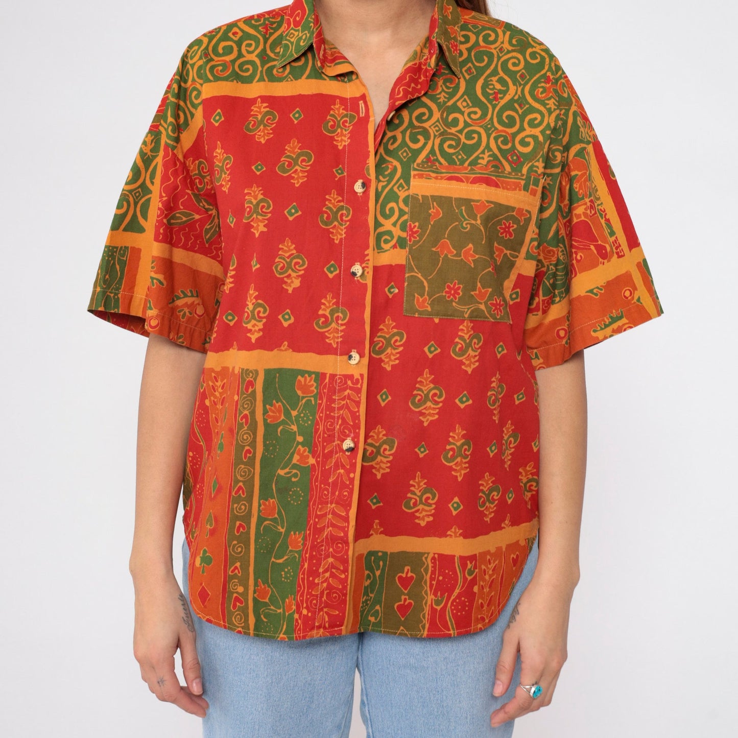 90s Indian Floral Button-Up Shirt Cotton Short Sleeve Collared Top Large