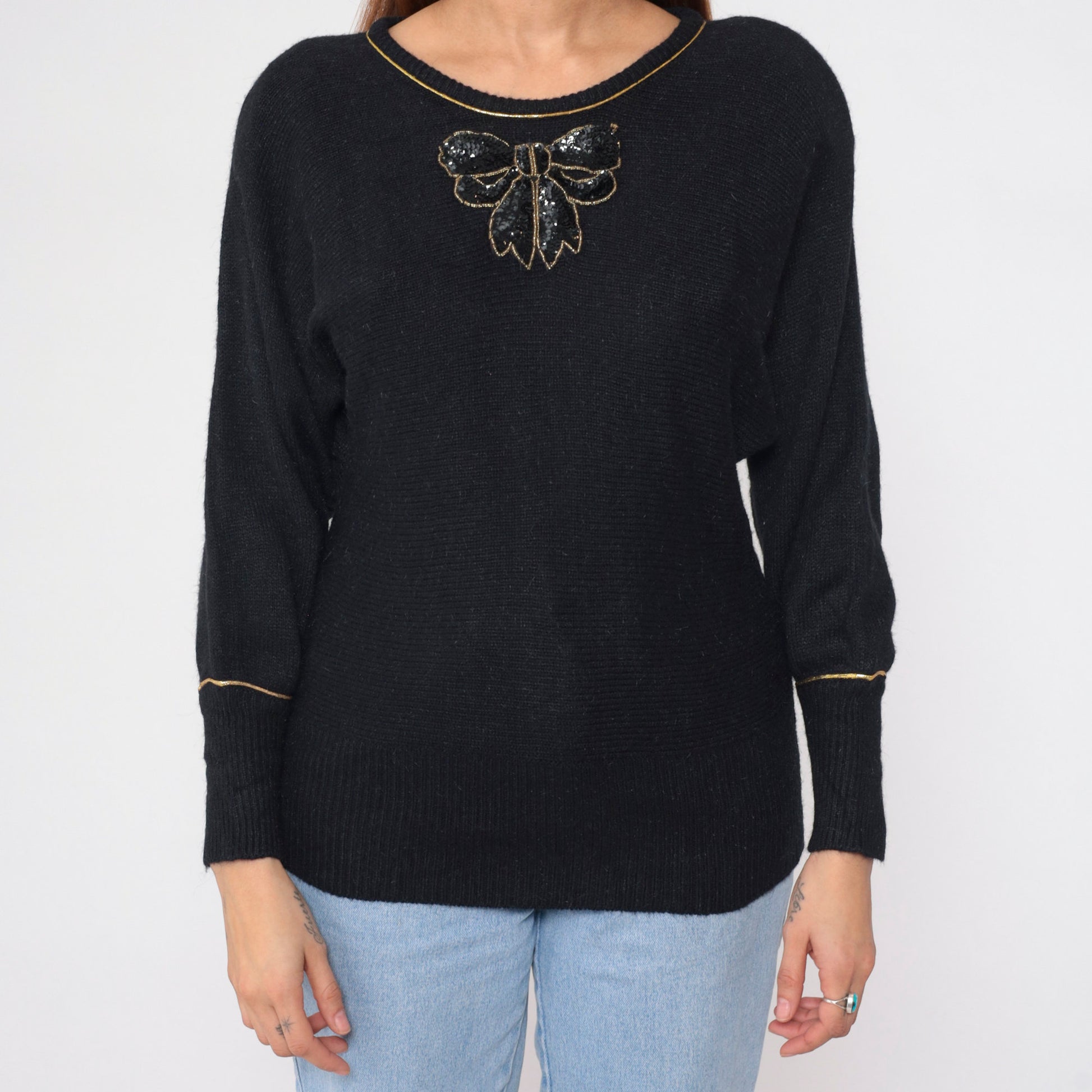 90s Andrea Gayle Black Knit Sweater Sequin Bow Metallic Gold Trim Large L