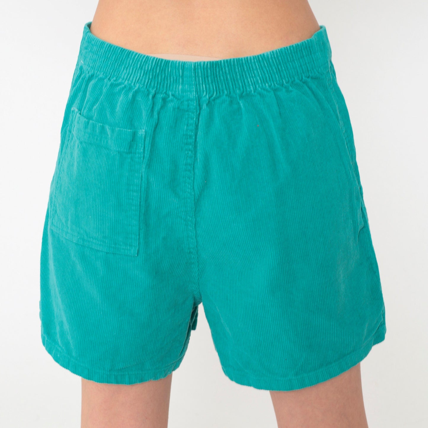 80s Green Corduroy Shorts High Waist Patch Pockets Elastic Back Medium