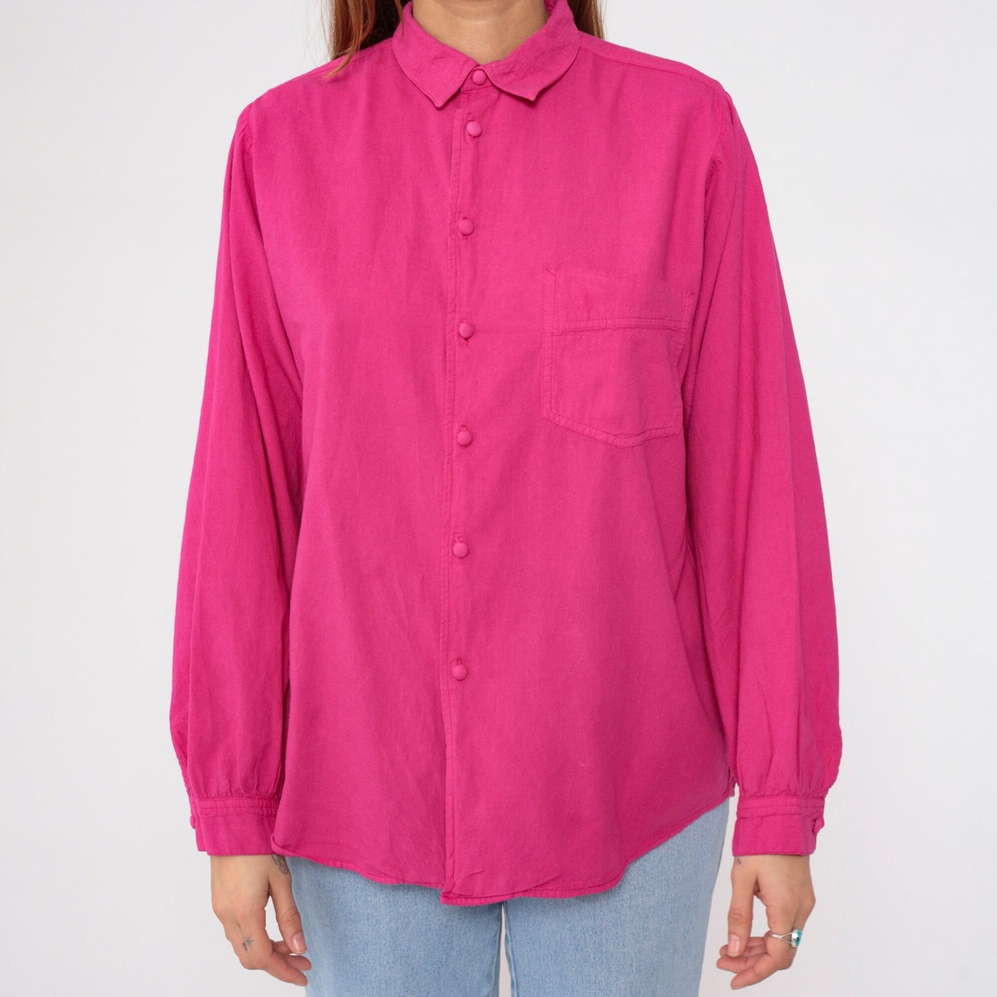 90s Fuchsia Cotton Button-Up Shirt Long Sleeve Collared Small