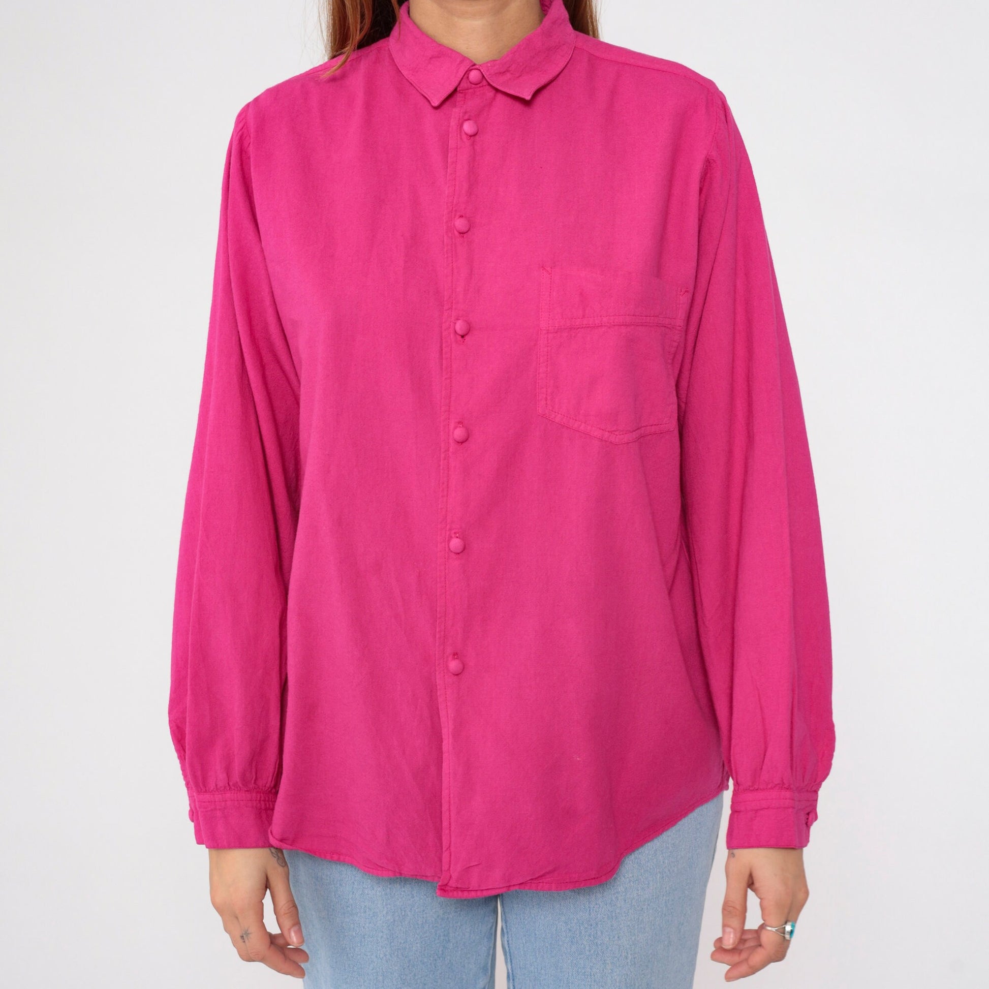 90s Fuchsia Cotton Button-Up Shirt Long Sleeve Collared Small