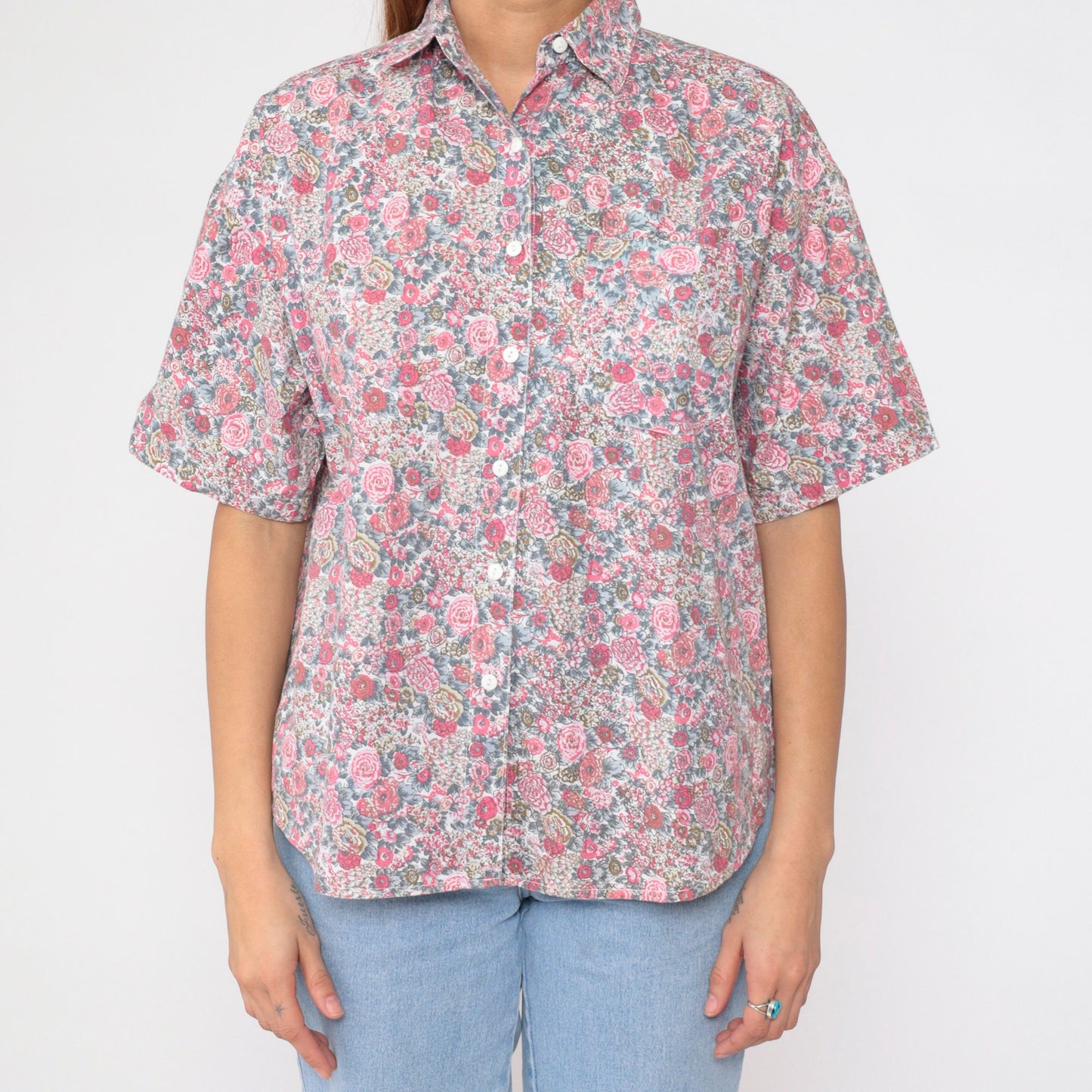 90s Floral Button-Up Shirt Cotton Wildflower Print Short Sleeve Small