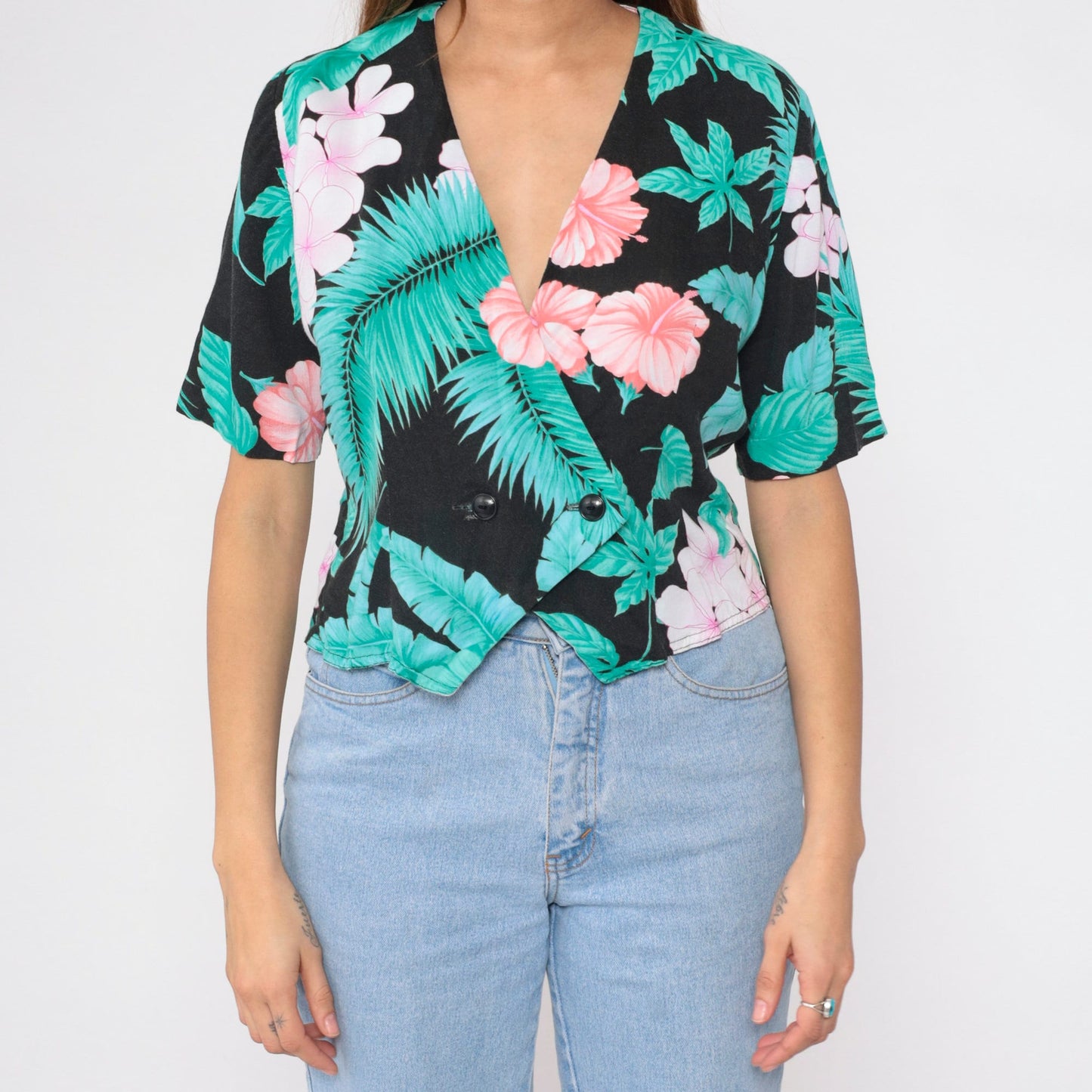 90s Black Tropical Floral Crop Top Double Breasted Blouse Medium M