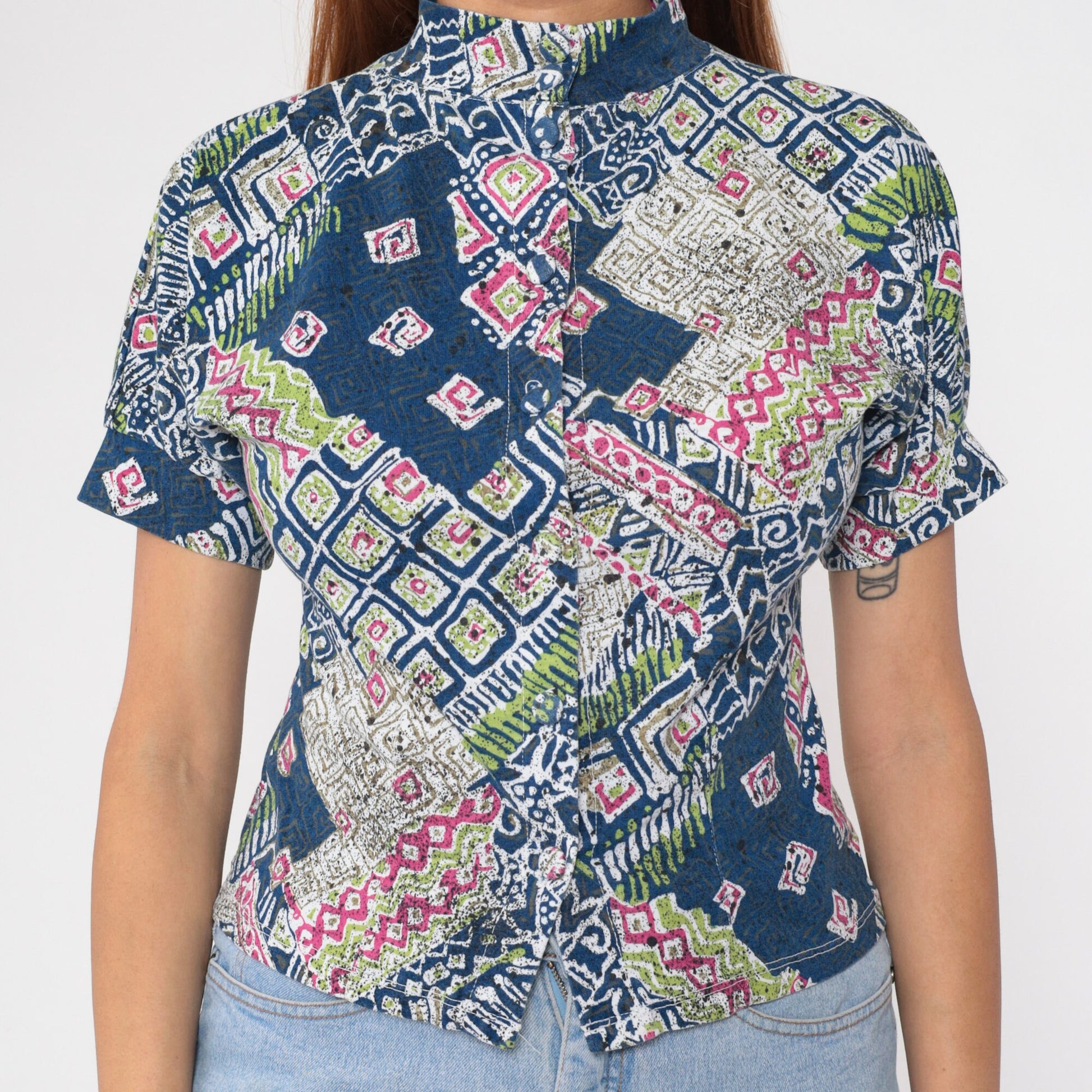 90s Batik Abstract Geometric Print Button-Up Shirt Blue Mock Neck Small