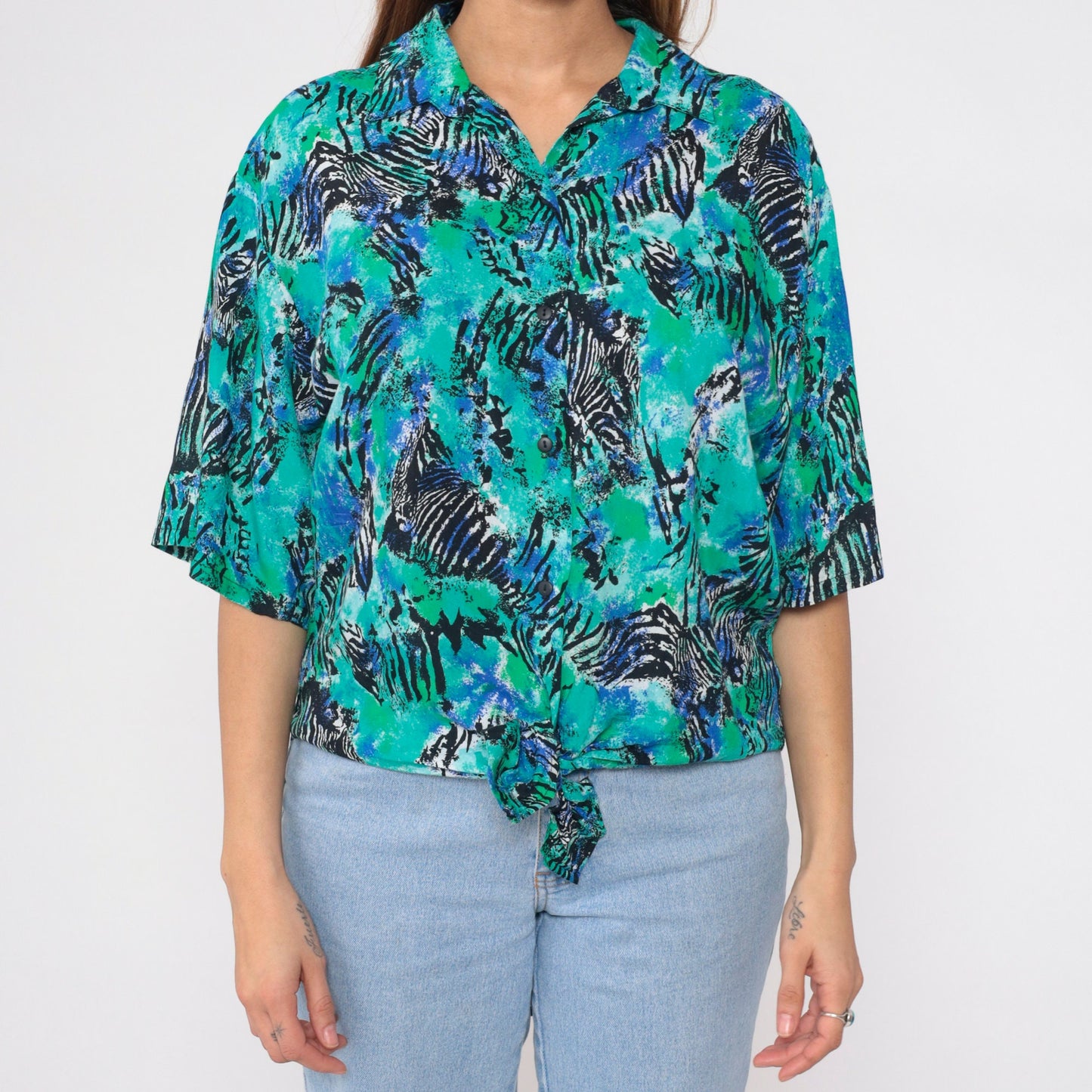 90s Abstract Zebra Print Tie-Front Blouse Blue Green Short Sleeve Medium M